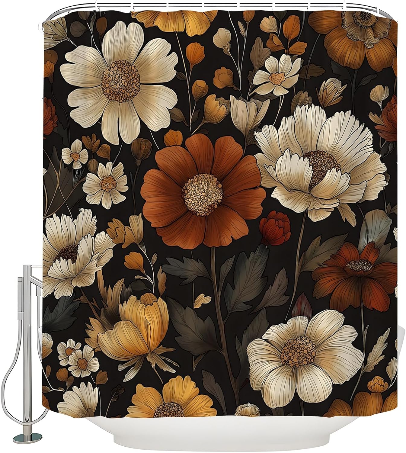 Boho Floral Botanical Shower Curtain, Mid Century Morden Vintage Abstract Boho Flowers Tropical Leaves Chic Aesthetic Retro Black Orange Bath Curtains with Hook,70x83.8 Inch