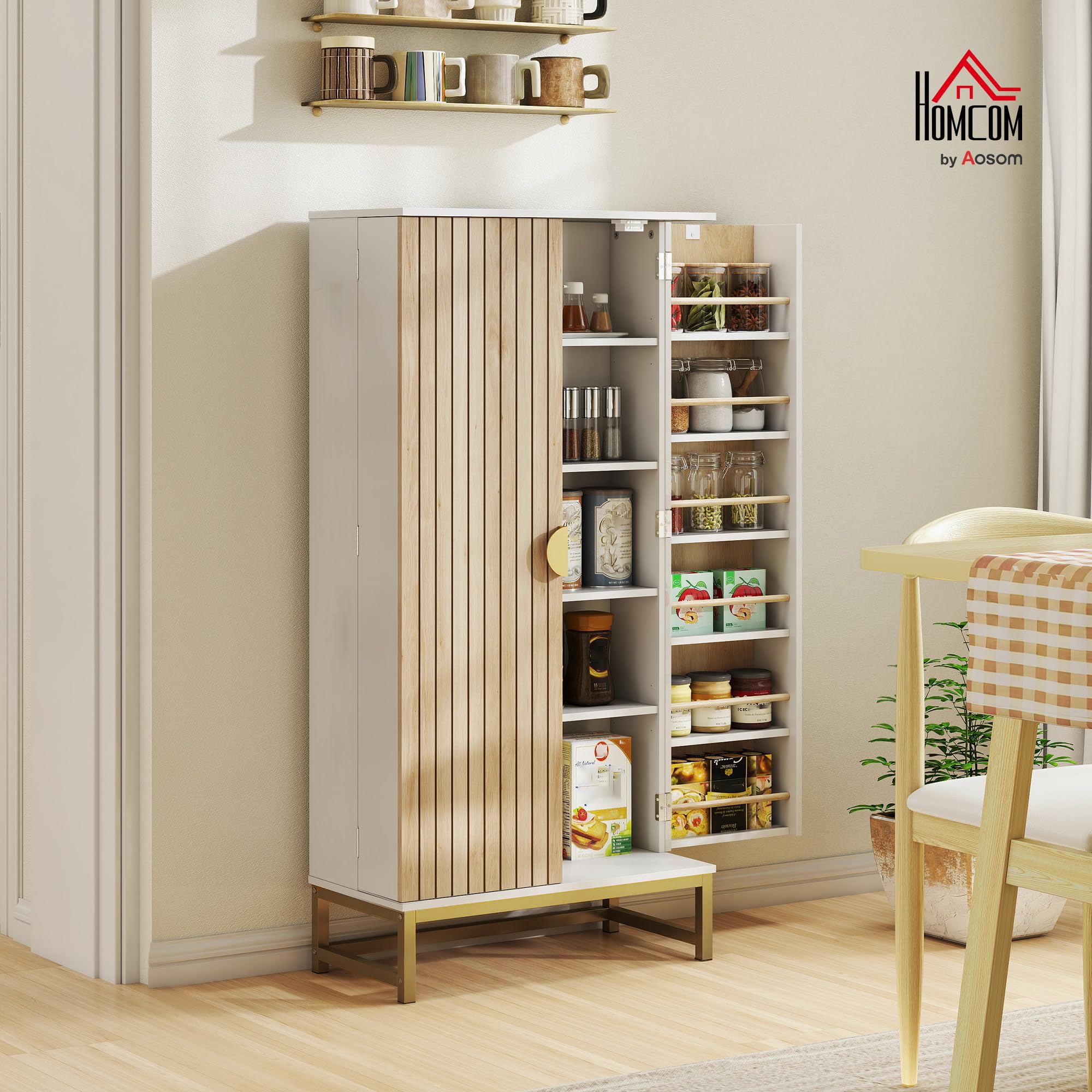 HOMCOM Buffet Cuisine Garde Manger 12 Étagères Portes 58x29x119,5cm Blanc | Meuble Cuisine Rangement, Vaisselier, Étagères Réglables, Double Porte à Lattes, pour Salle à Manger, Salon