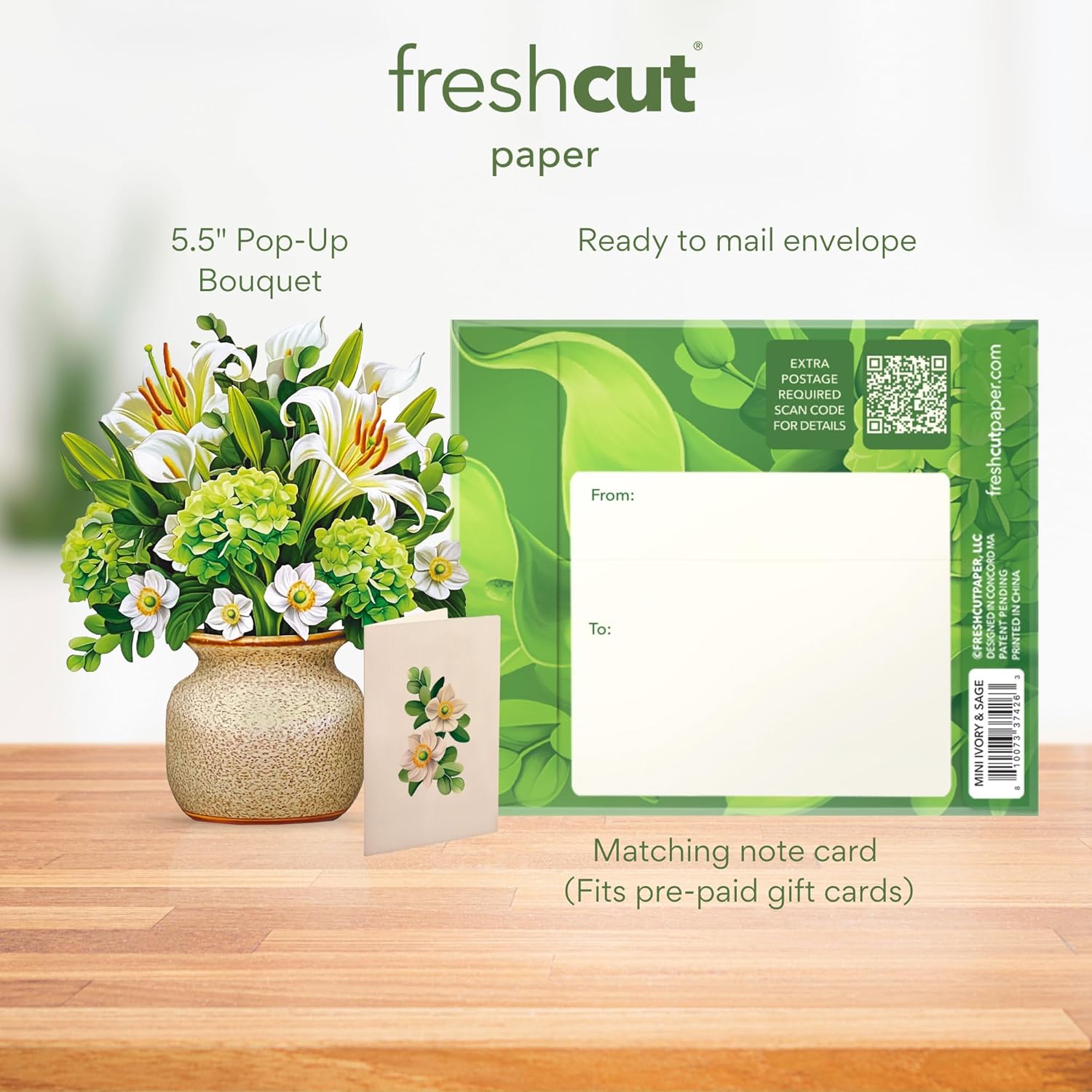 Freshcut Paper Pop Up Cards, Mini Ivory & Sage, 6 Inch Mini Sized Forever Flower Bouquet 3D Popup Greeting Cards, Birthday Cards, Get Well Gifts, Blank Notecard & Envelope - Image 3