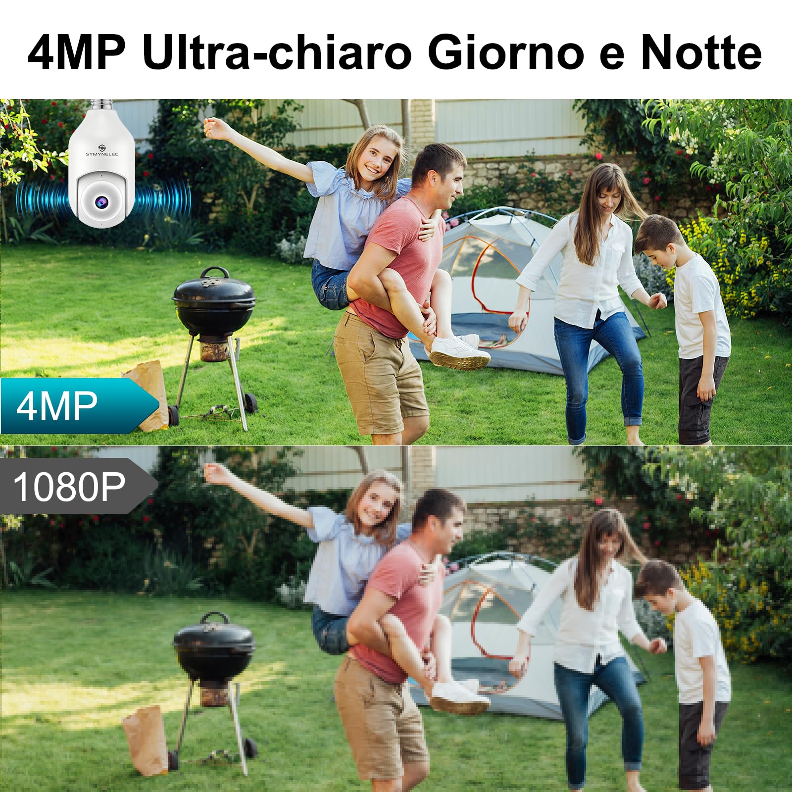 SYMYNELEC Telecamera Lampadina WiFi Esterno, 2K 4MP Videocamera Sorveglianza Senza Fili, Telecamera di Sicurezza con Allarme Sonoro e Luminoso, Visione Notturna a Colori, Audio Bidirezionale, 2PCS