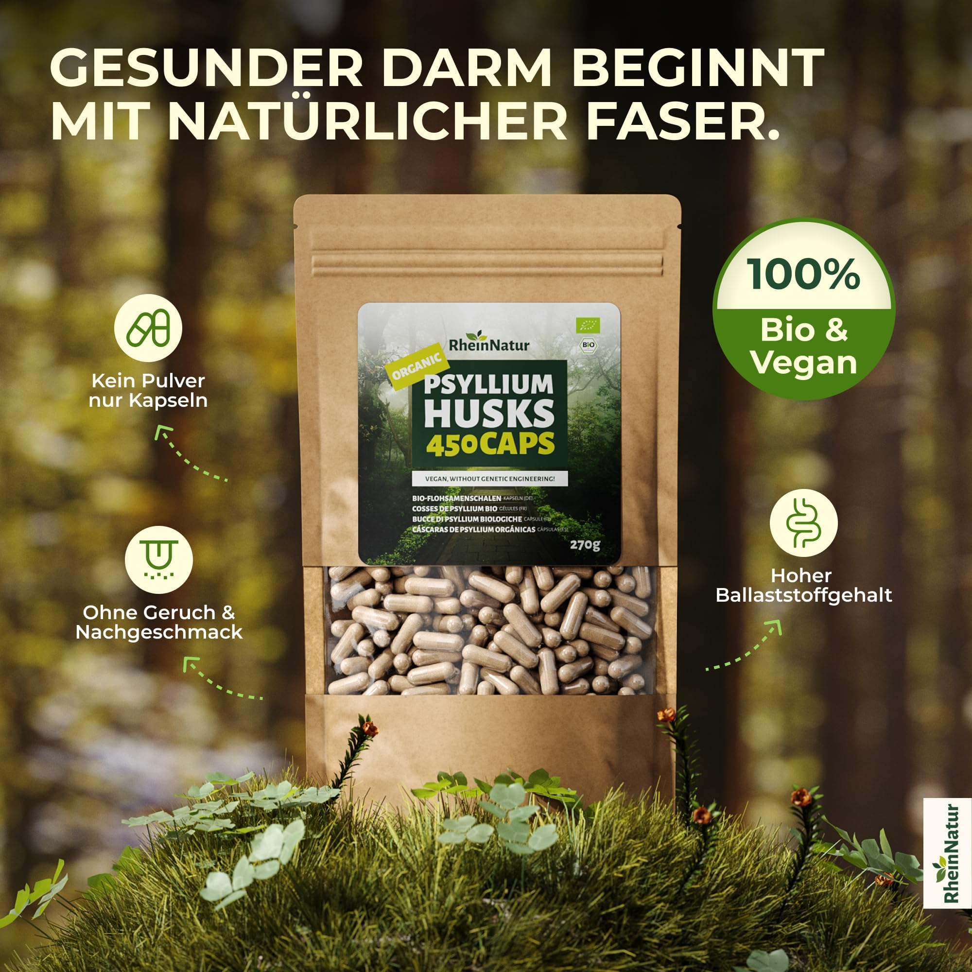 RheinNatur Bio Flohsamenschalen Kapseln - 450 Stk hochdosiert (3.000 mg je Portion) - Hergestellt in DE - Psyllium Husk Ballaststoffe – Flohsamen Kapseln