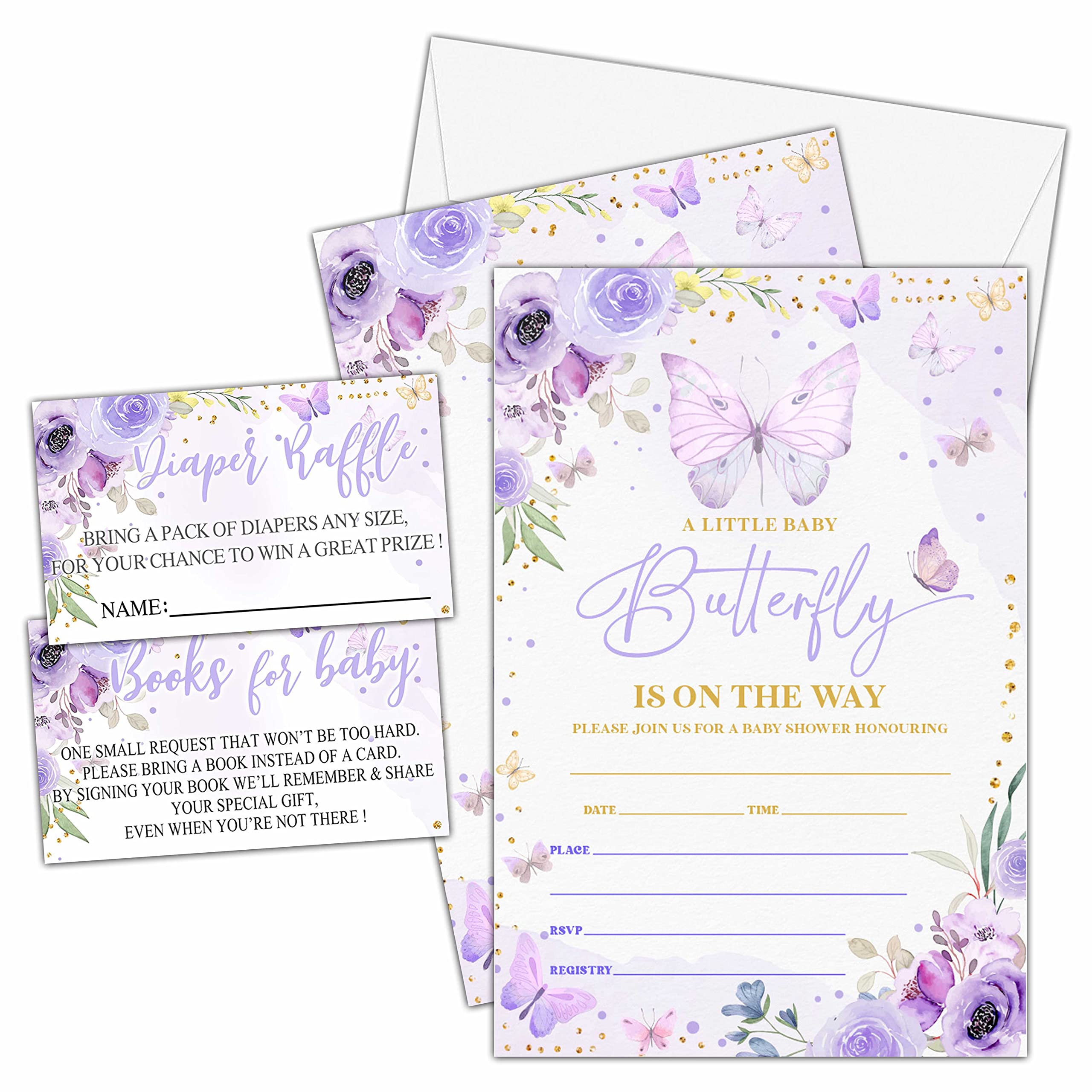 Zestaw 25 zaproszeń na baby shower, fioletowy motyl zaproszenia na przyjęcie z kopertami, kartki z prośbą o książkę, bilety na pieluchy na dekoracje imprezowe - A02