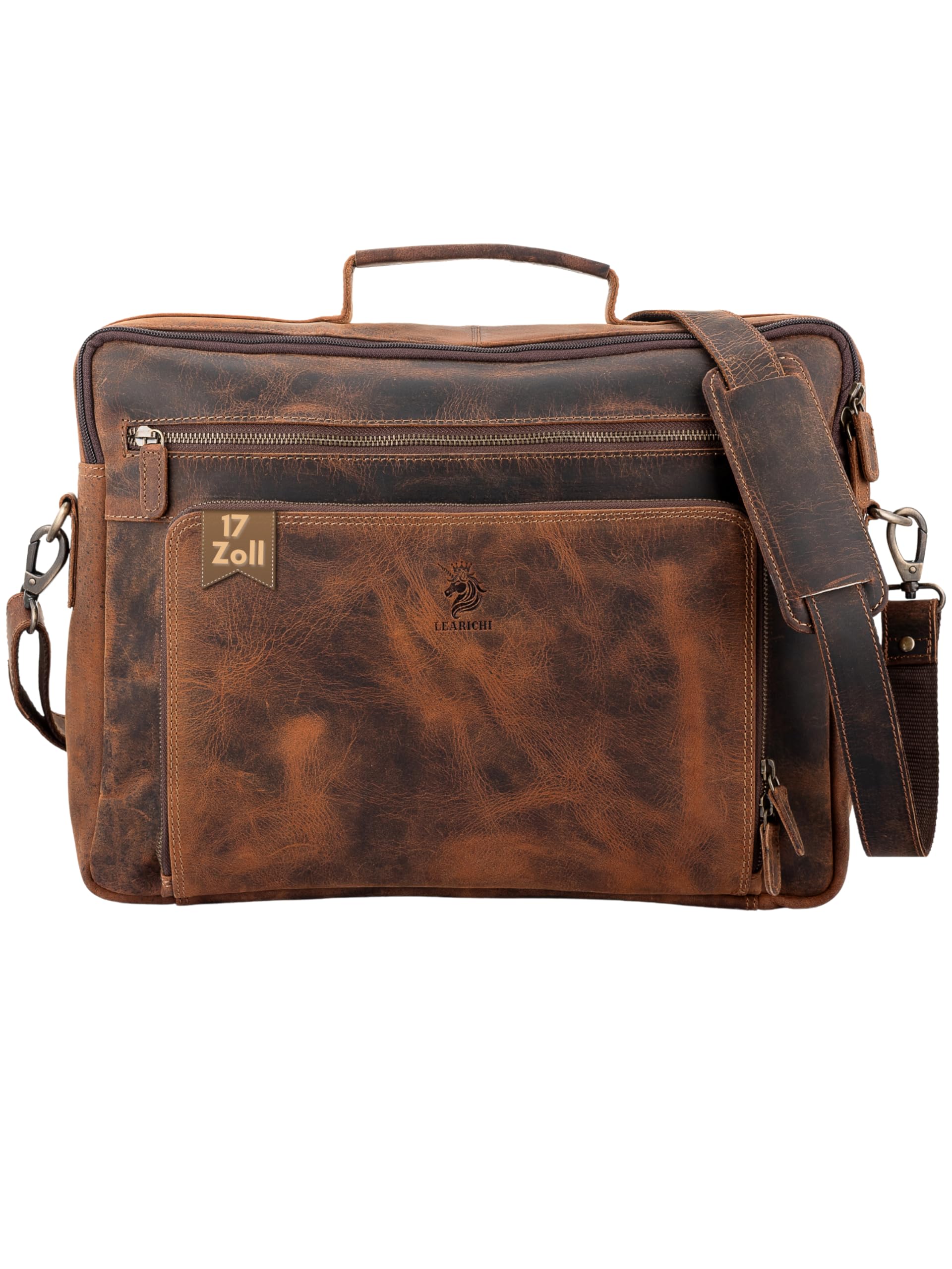 17 Zoll Echte Jäger Leder Laptop Schulter Aktentaschen für Herren Rustikale Vintage Braun Umhängetasche im Distressed Look, Messenger Arbeitstasche mit Gepolstertem Laptopfach