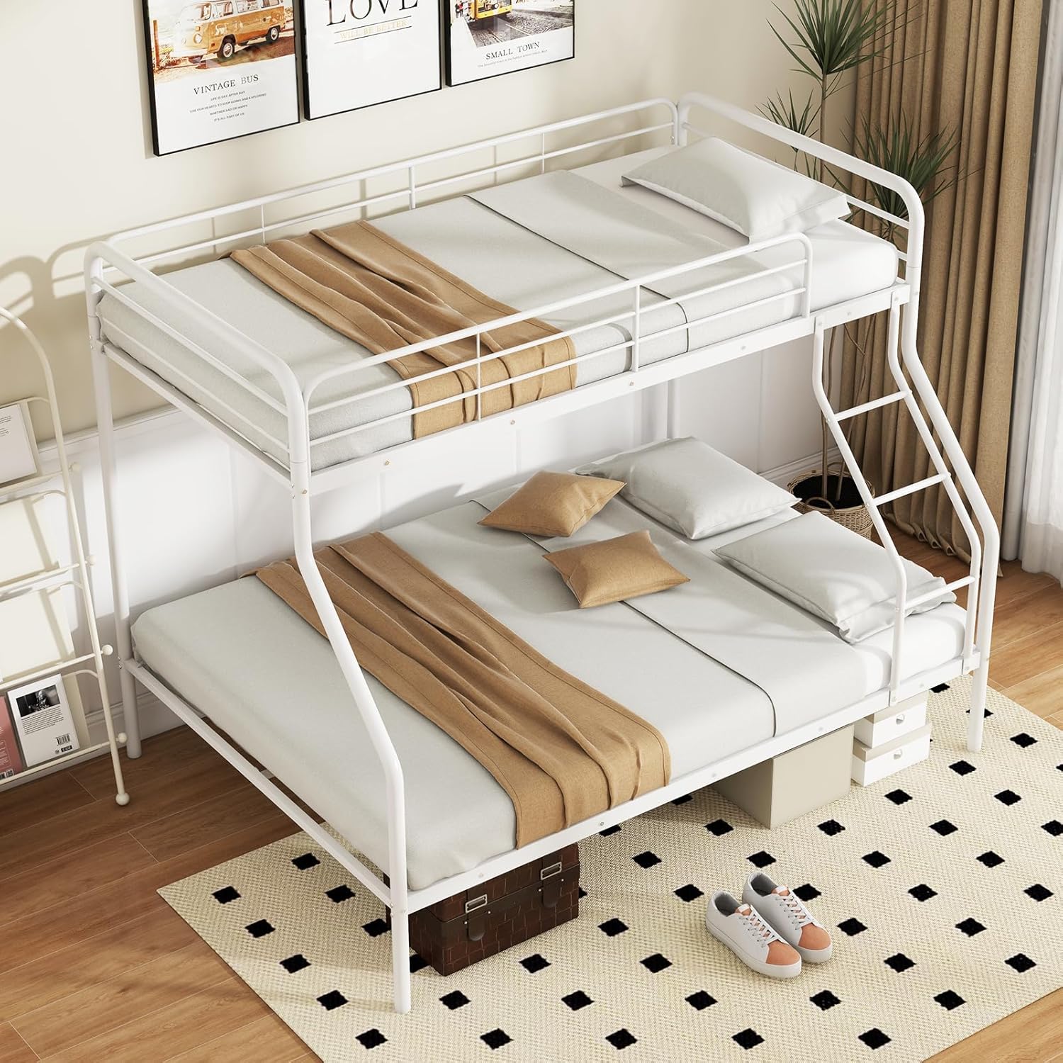 GOFLAME Twin Over Full Bunk Bed, Heavy-Duty Metal Bunk Bed for Teens & Adults with Full-Length Guardrail and Ladder, Space-Saving Bunk Beds Frame for Bedroom, Dorm, No Box Spring Needed (White)