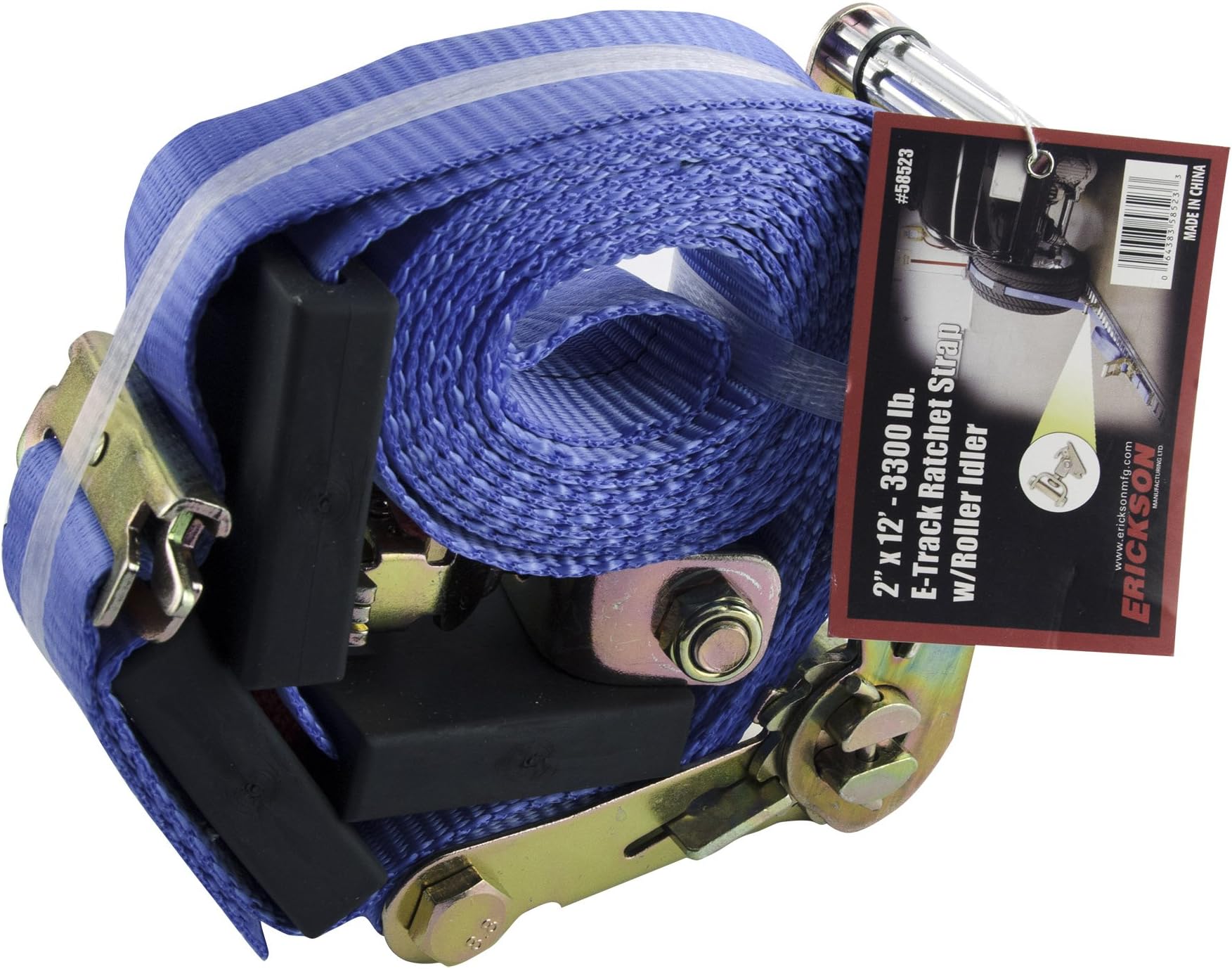 Erickson58523 E-Track Ratchet Strap (with Roller Idler, 2" Wide x 12' Long, 3300 lb Load Capacity),1 Pack