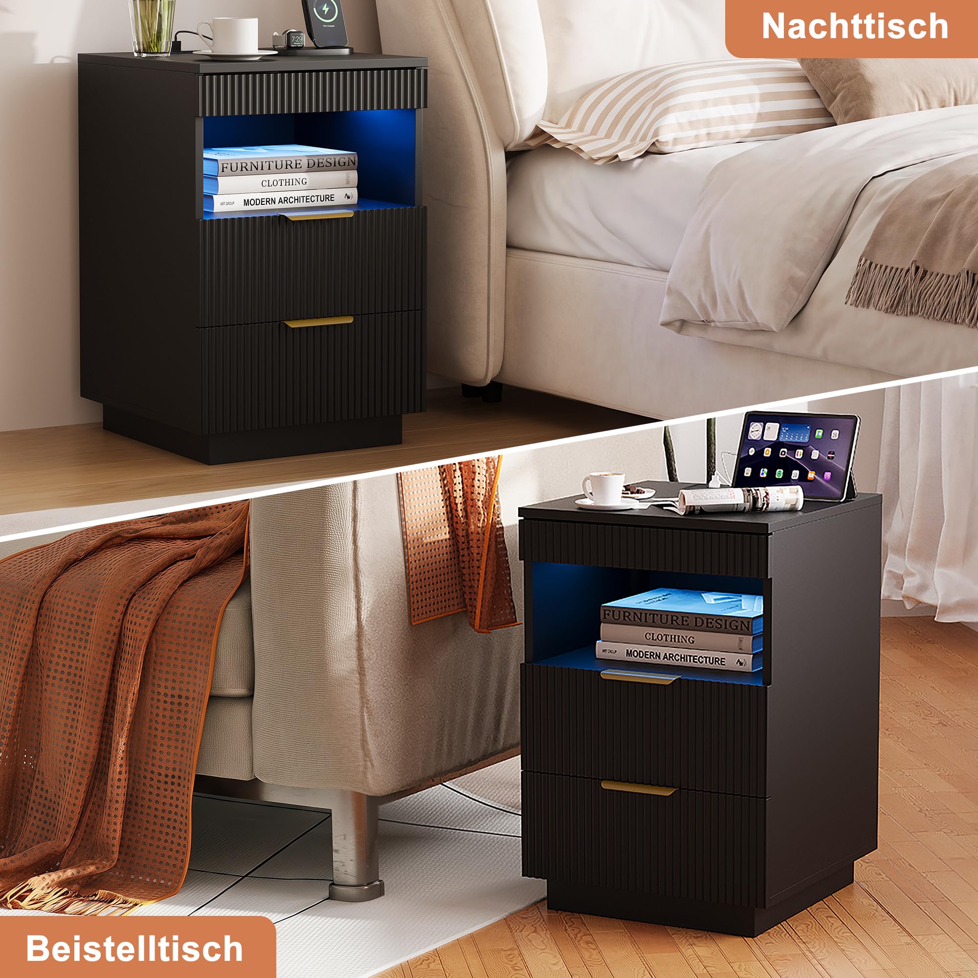 Mesitas de noche LED, mesitas de noche con 2 cajones y USB, mesa auxiliar con almacenamiento y compartimento abierto, mesa baja moderna para dormitorio, sala de estar, 40 x 40 x 60 cm, color