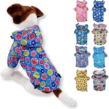 Dog Raincoat Hooded Leash Hole Waterproof Rain Coat Jacket Rainwear for Small Pet Cat Puppy XXS Length - 8", Blue Flowers