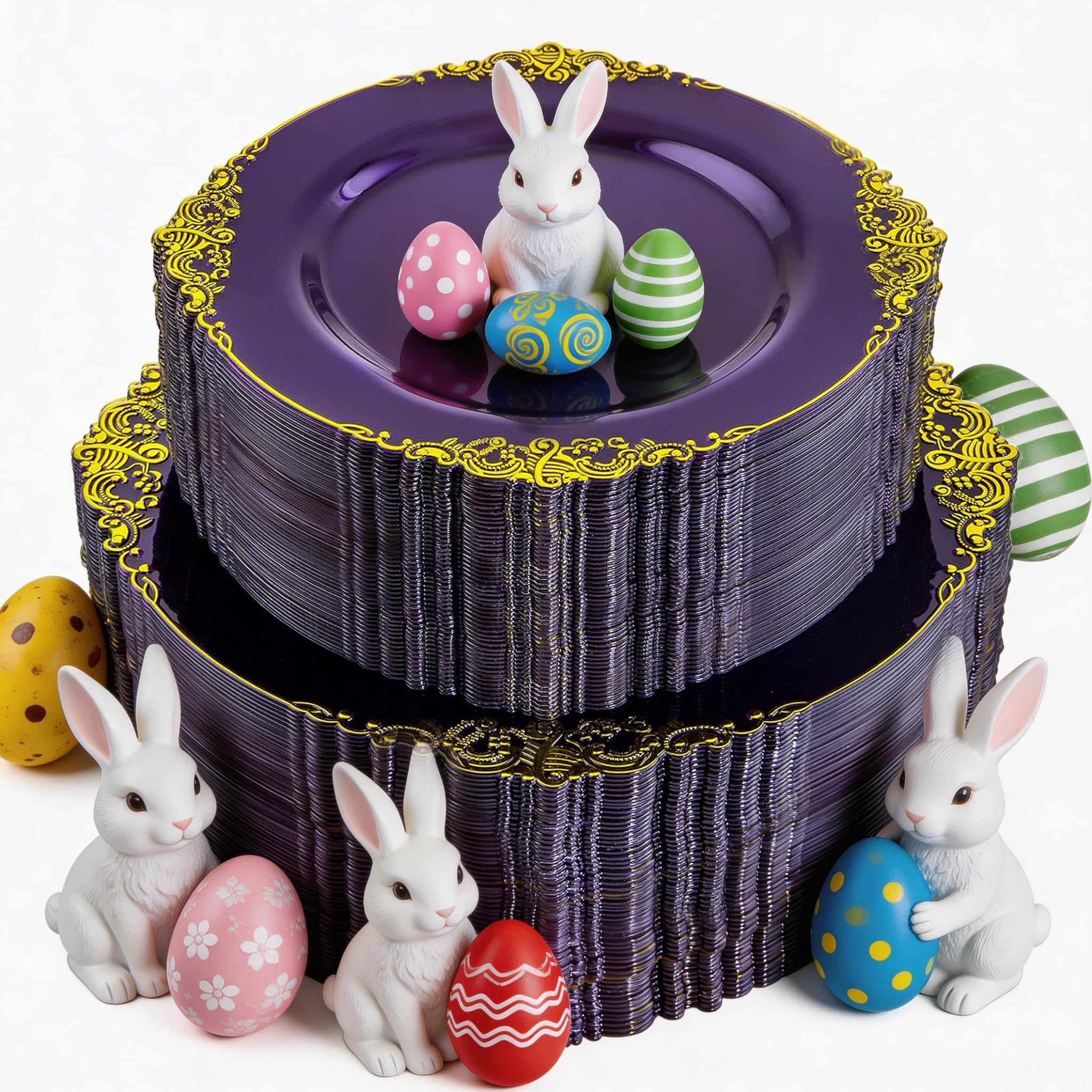 102PCS Purple and Gold Plastic Plates - High End Purple Disposable Plate Easter - Vintage Dinner & Dessert Plates for 51 Guests Birthday Easter Party Wedding