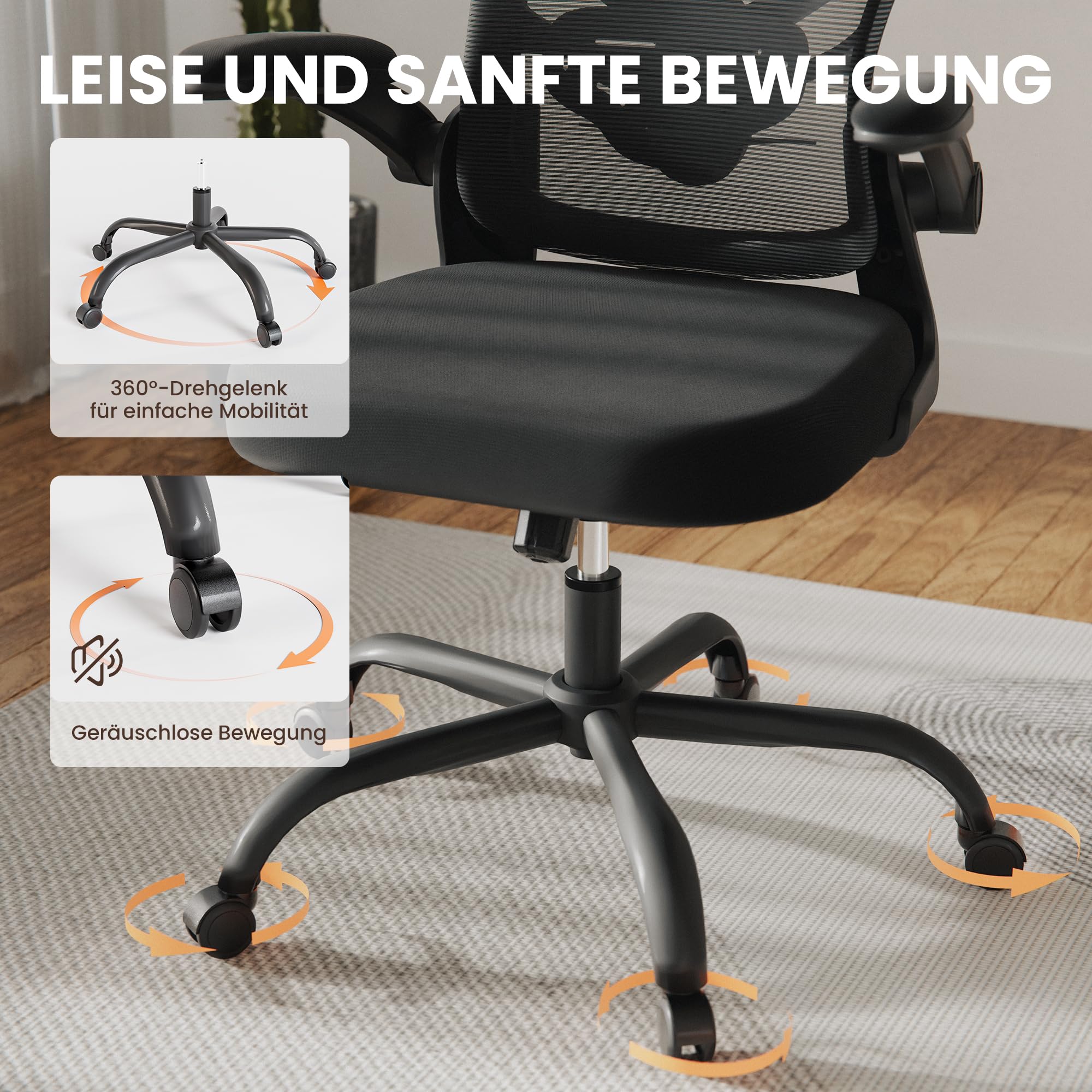 ALAULM Ergonomischer Bürostuhl mit Verstellbarer Lendenwirbelstütze und um 90° hochklappbaren Armlehnen, Computerstuhl mit hoher Rückenlehne aus Netzgewebe für Zuhause und Büro, schwarz