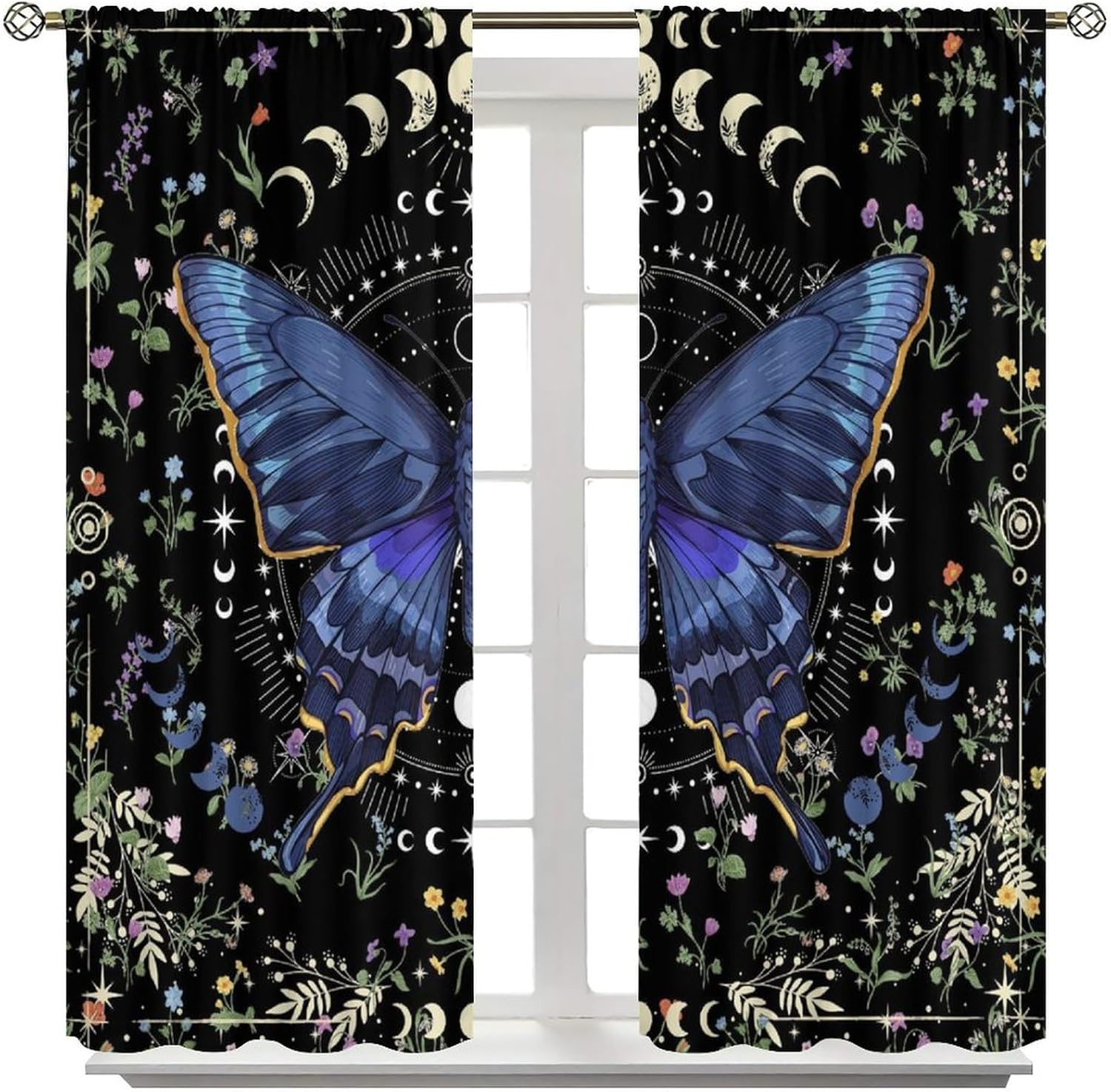 Moth Witchy Gothic Flower Curtain Butterfly Moon Phase Wildflower Plant Mysterious Night Moonlit Botanical Tarot Printed Rod Pocket Blackout Window Treatments for Bedroom Living Room 42"W X 45