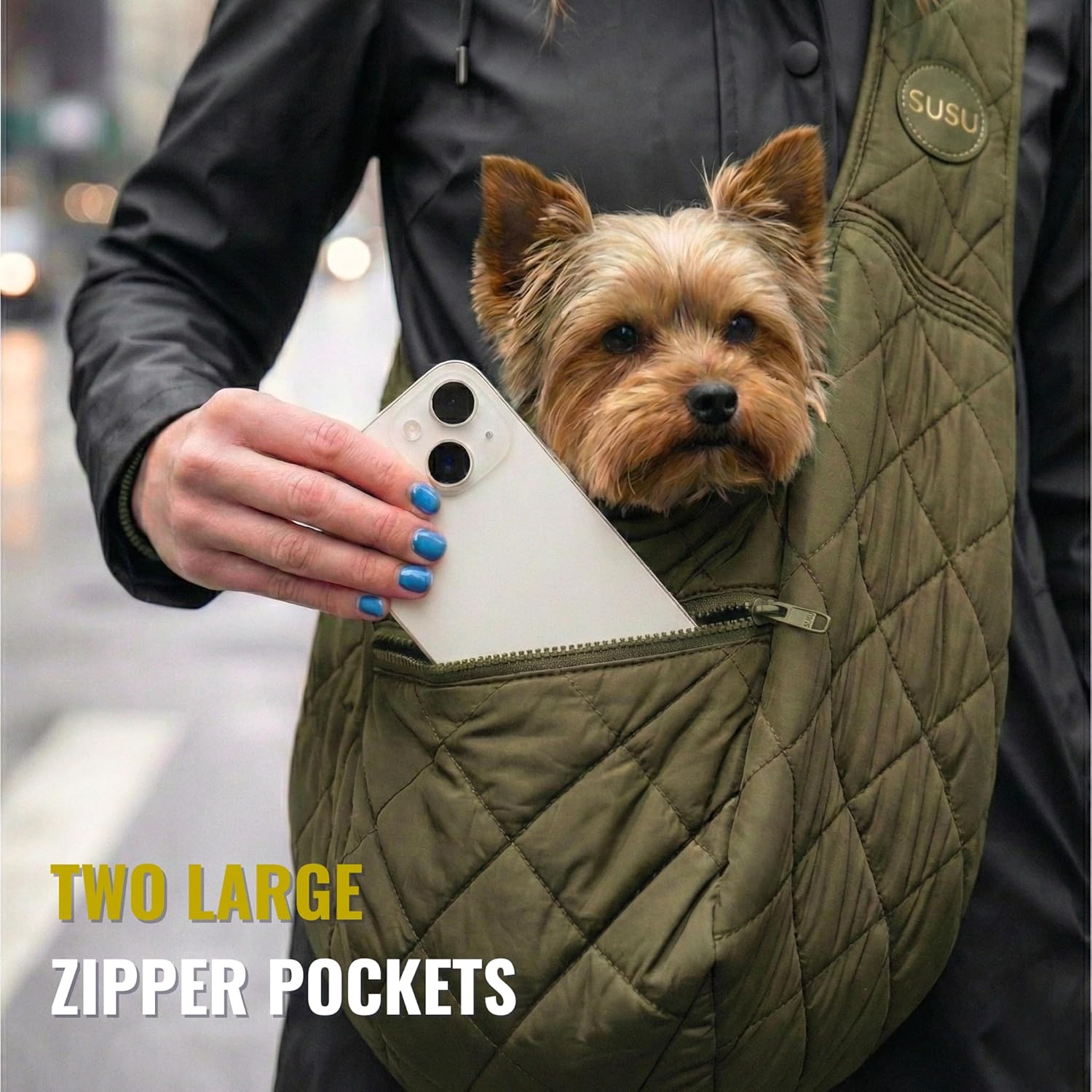 Small Dog Carrier Sling – Olive Green Hands‑Free 2‑in‑1 Sling & Handheld Carrier for Toy Dogs 3-8 lb, Parachute‑Grade Rip‑Stop Nylon, 4″ Padded Strap, Safety Tether & Two Pockets