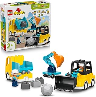 LEGO Duplo Vehículos de Construcción “3en1” - Juego Educativo Montessori con Camiones, Excavadoras y Vehículos de Construcción de Juguete - Regalo de Cumpleaños para Niños y Niñas de 2+ Años - 10475
