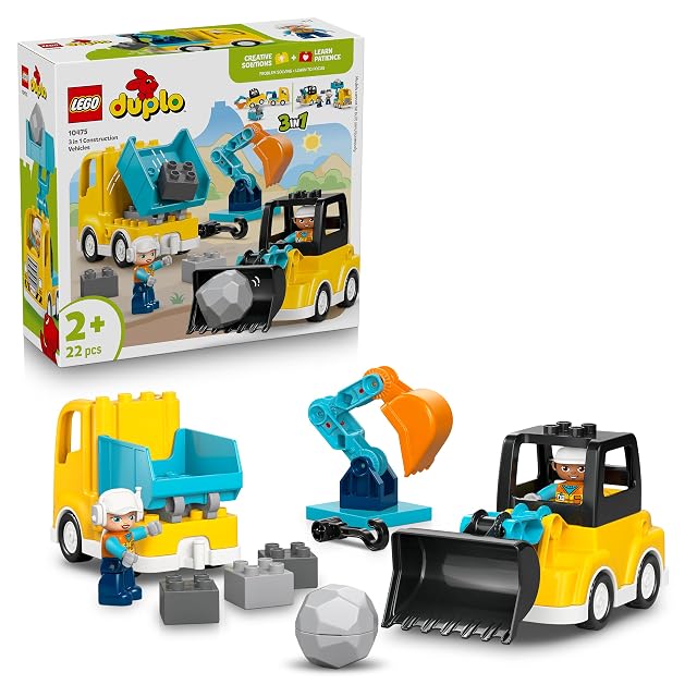 LEGO Duplo Vehículos de Construcción “3en1” - Juego Educativo Montessori con Camiones, Excavadoras y Vehículos de Construcción de Juguete - Regalo de Cumpleaños para Niños y Niñas de 2+ Años - 10475