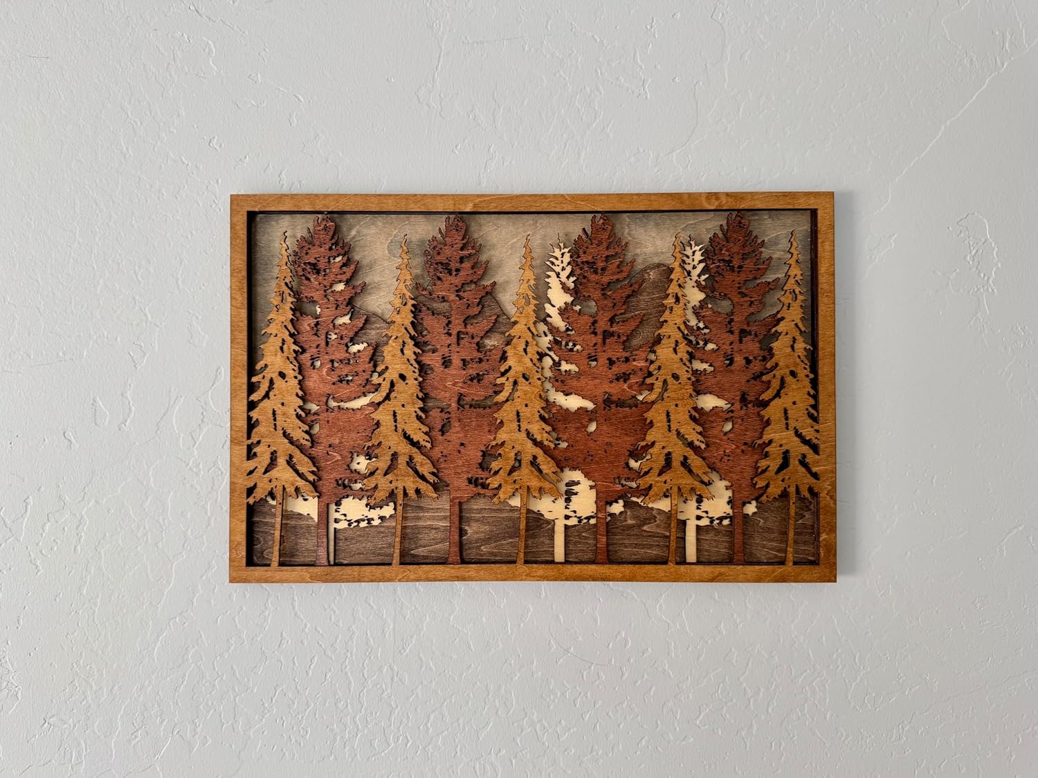 Wind Whistles in the Trees: 16"x10" Multi-Layered Mountain & Forest Wood Wall Art - Rustic Cabin Chic Decor, Stained Wood, Nature-Inspired