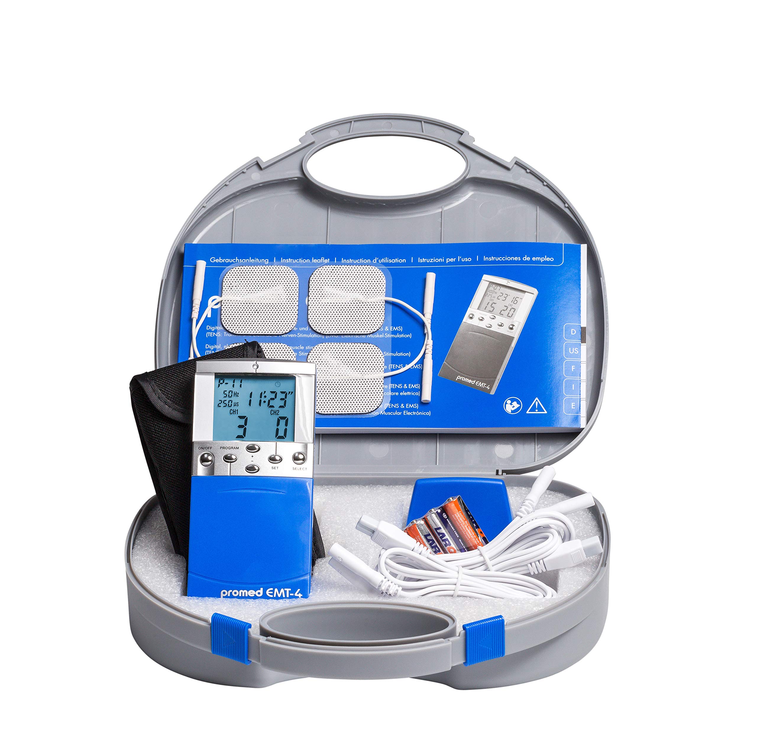 Promed EMT-4 Elettrostimolatore Muscolare Digitale Duo TENS e EMS - Aiuta a Alleviare il Dolore e Sostenere i Muscoli e la Circolazione Sanguigna - Facile da Usare, Compatto e Portatile - Con Custodia