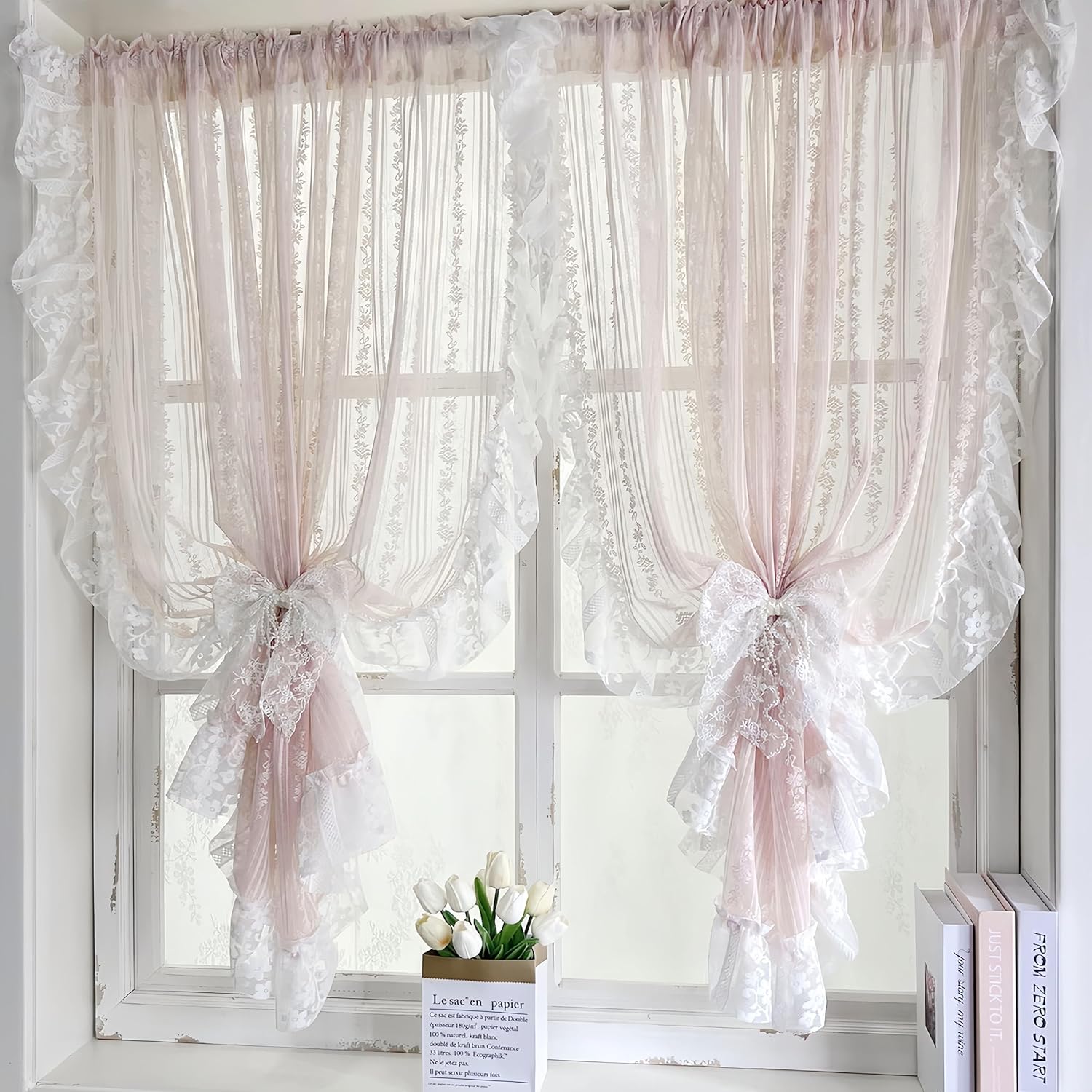 Gxi Pink Lace Sheer Curtain for Living Room Vintage Floral Ruffle Curtain Rod Pocket Voile for Girls Bedroom Light Filtering Tulle Farmhouse Window Drapes for Dining, 2 Panels, Each W39 x L47 inch