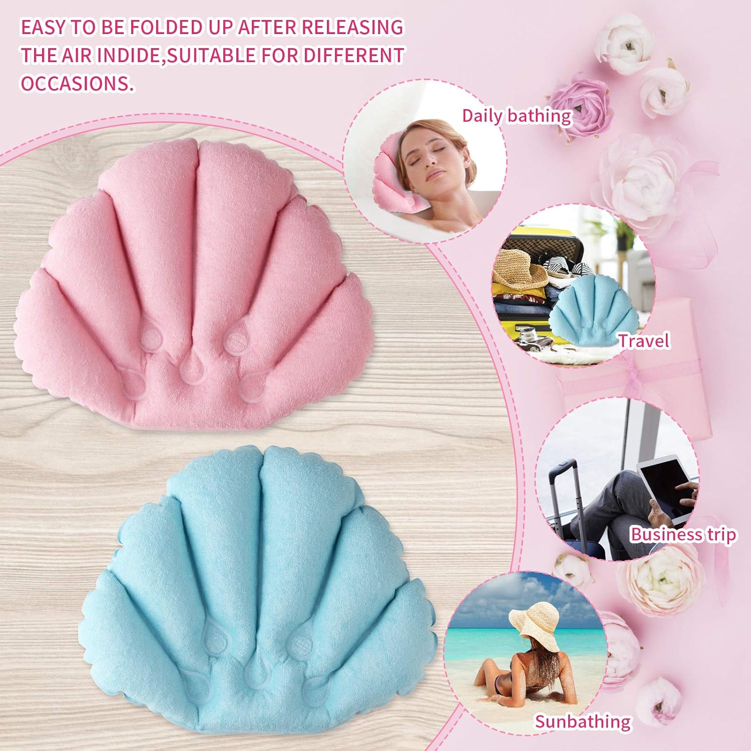 sansheng 4pcs Bath Pillows for Tub -(10x12inch) Bathtub Pillow Headrest - Terry Cloth with Suction Cups Inflated Neck Support for Bathtub（Pink & Blue） : Beauty & Personal Care