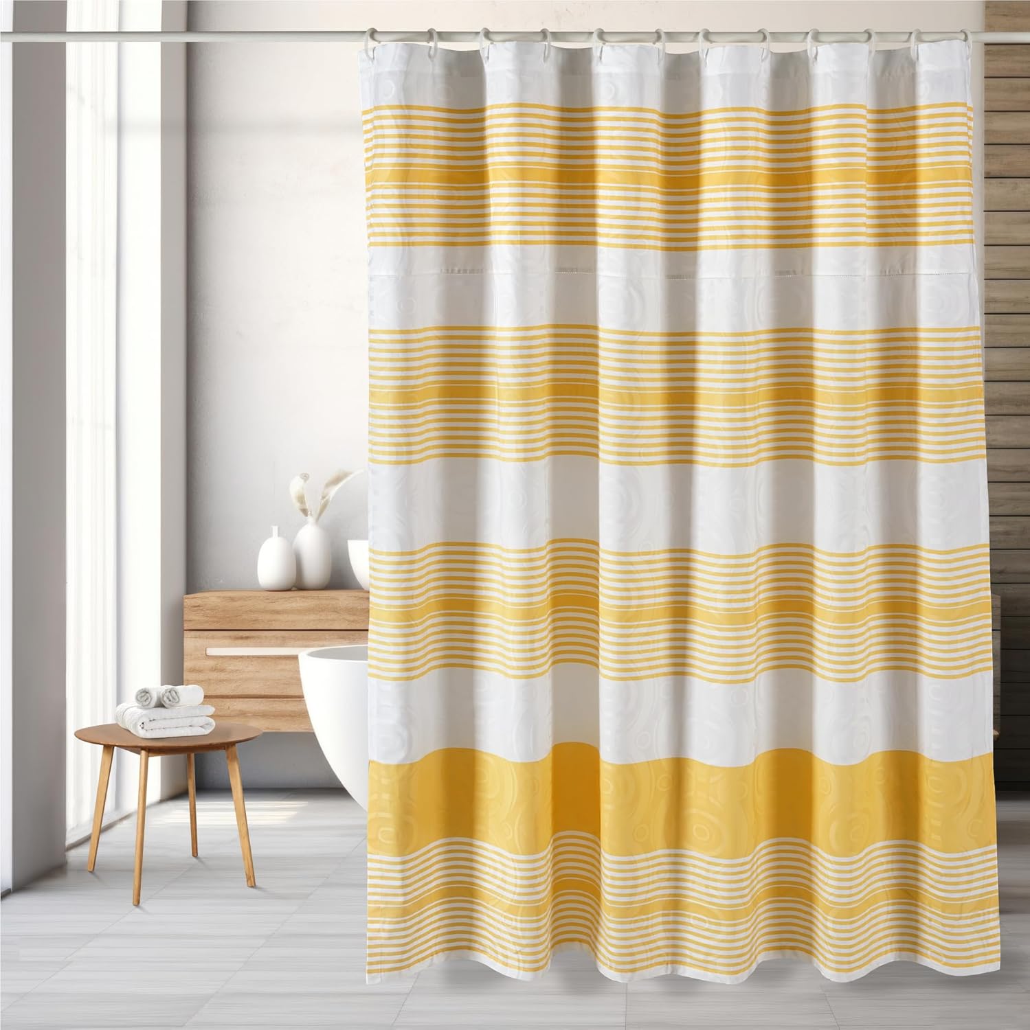 Threadmill 100% Cotton Shower Curtain | 72x72 Shower Curtains with Jaquard Pattern| Machine Washable, Hotel Quality, Water Resistant Shower Curtain for Bathroom | Yellow Stripe