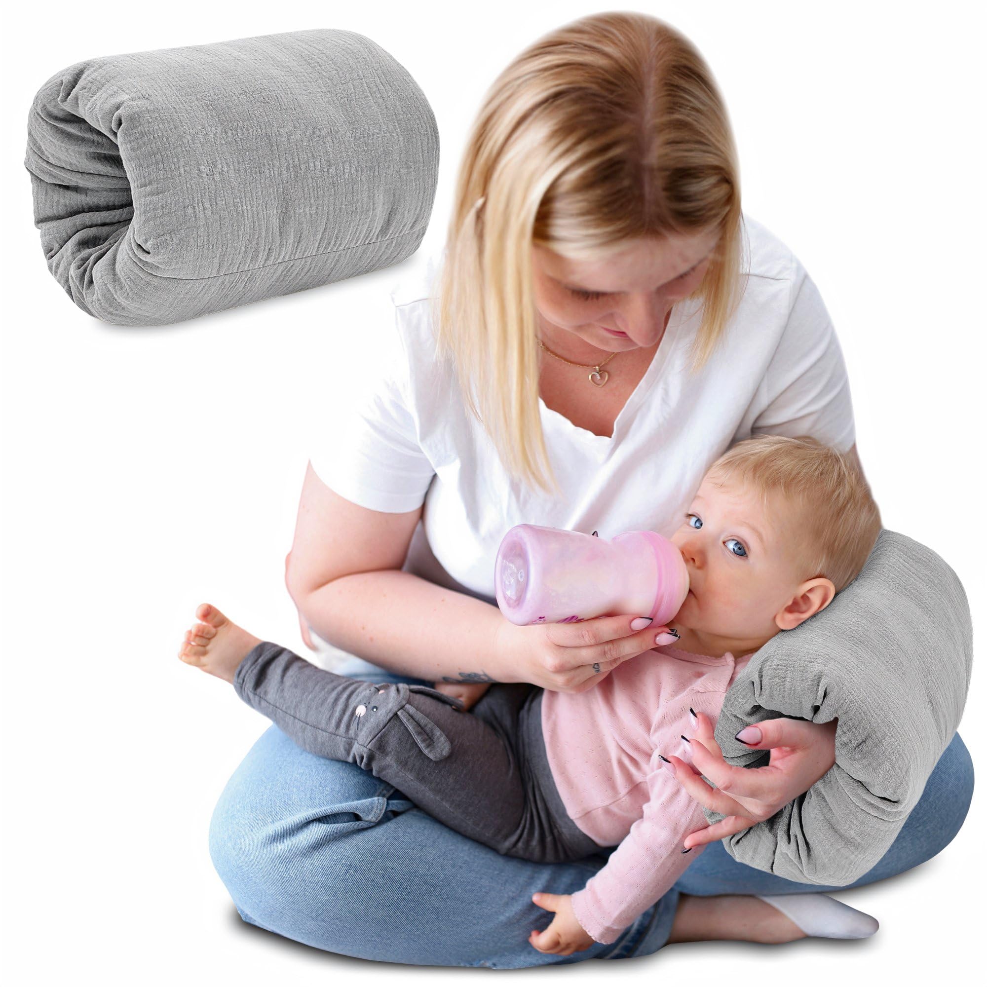 Stillkissen Musselin klein Breastfeeding und Nursing Pillow für unterwegs 20 cm - Stillmuff Armkissen und Lagerungskissen Baby Arm Still Kissen Oeko-Tex Grau