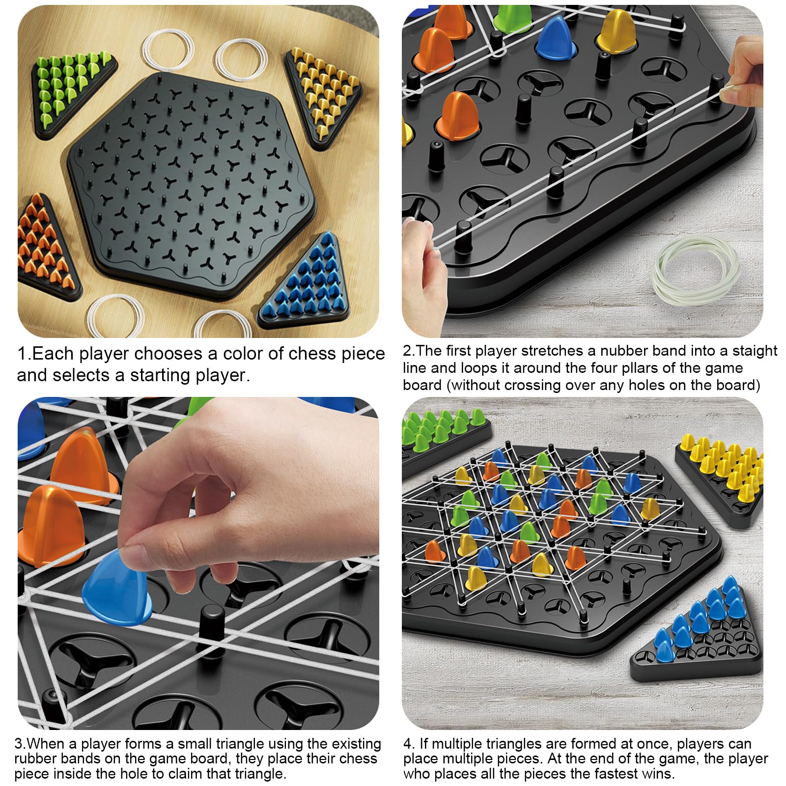 Vibbang Gioco con Elastici e Triangoli, Triggle Gioco da Tavola, Chain Triangle Game, Gioco da Tavolo del Triangolo, Da 2 a 4 Giocatori, Gioco Interattivo da Tavolo con Peg per Bambini Adulti