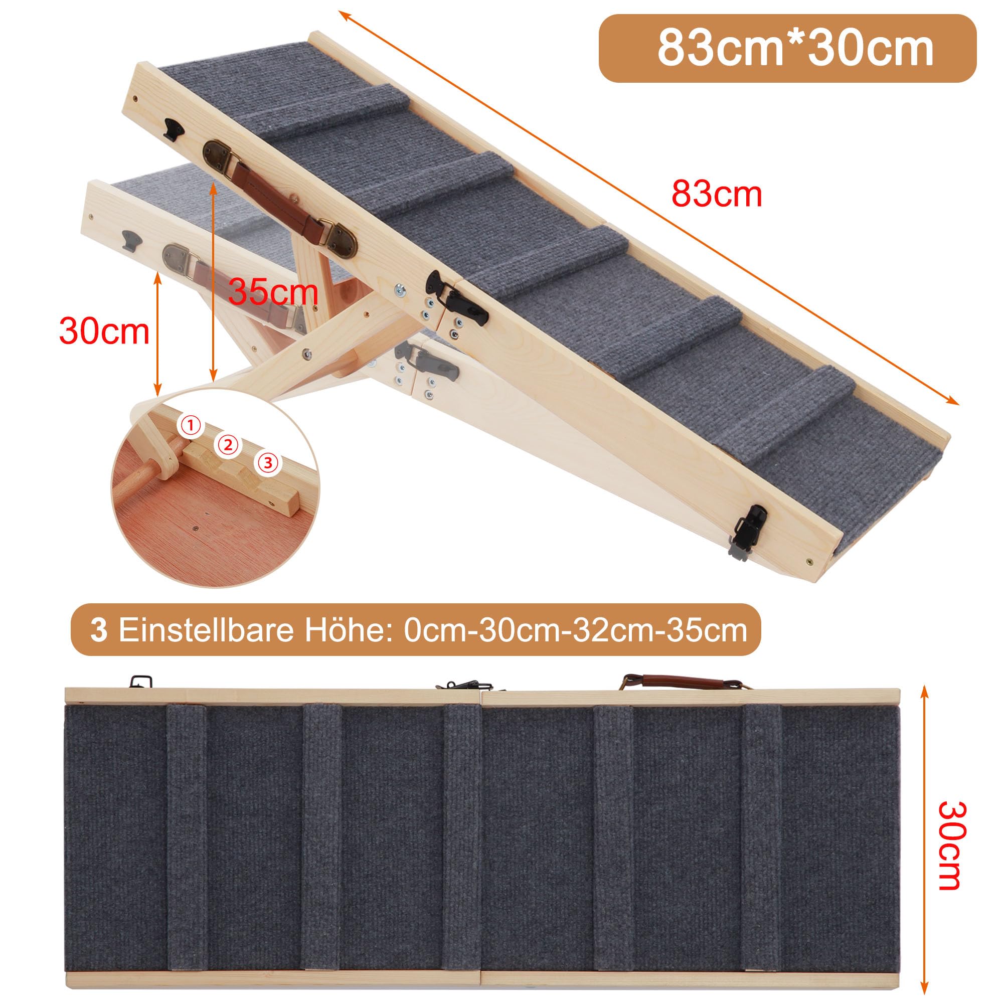 Rampa para perros de 80 cm, escalera con 3 barras, madera de pino y goma, 6 niveles de altura, capacidad de carga