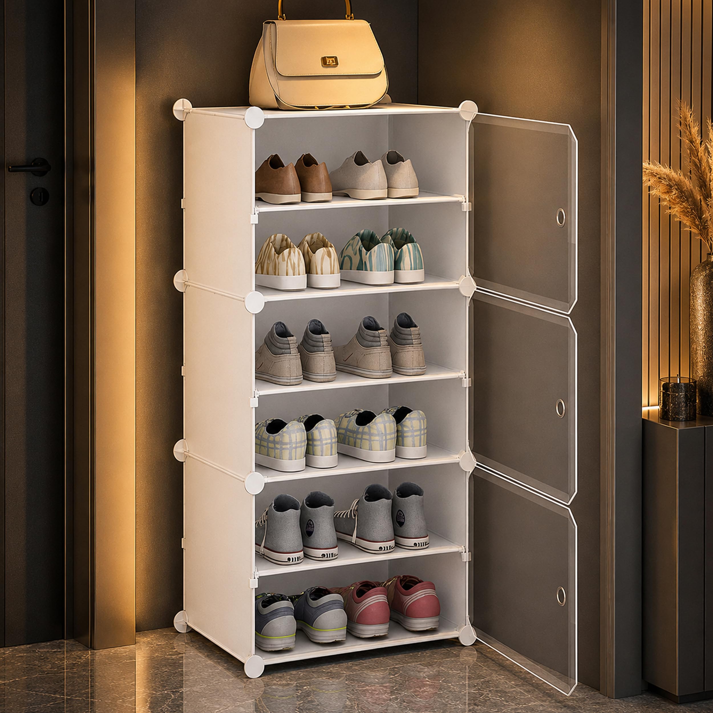 AYSIS Premium Foldable Plastic Shoe Rack for Home, 𝟑 𝐃𝐨𝐨𝐫 𝟔 𝐒𝐡𝐞𝐥𝐟 Shoe Cabinet, Dustproof & Waterproof Organizer, Portable Space Saving Storage for Entryway, Bedroom & Living Room, White