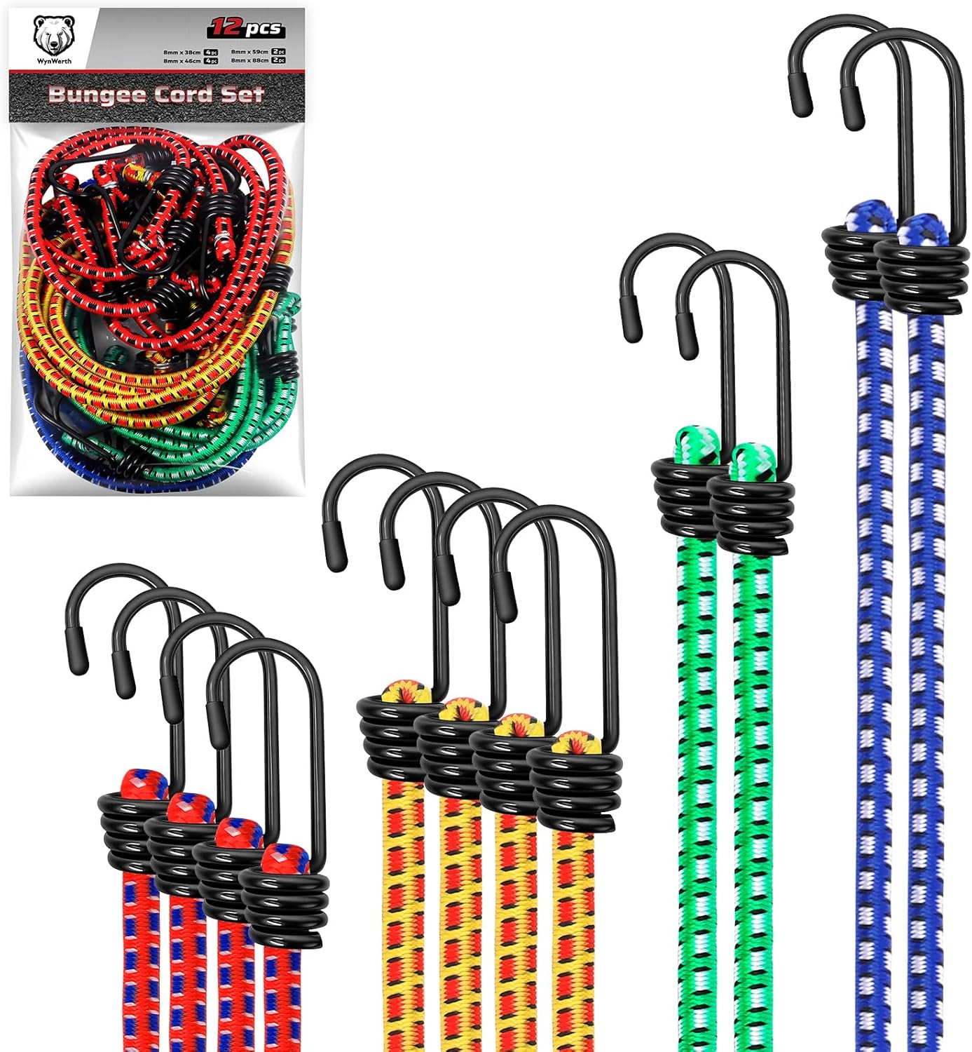 12PCS Bungee Cords Heavy Duty Outdoor, Includes 15" 18" 24" 35" Bungee Cords with Hooks, Industrial Grade Bungie Cord for Camping, Kayaking or Fastening Items