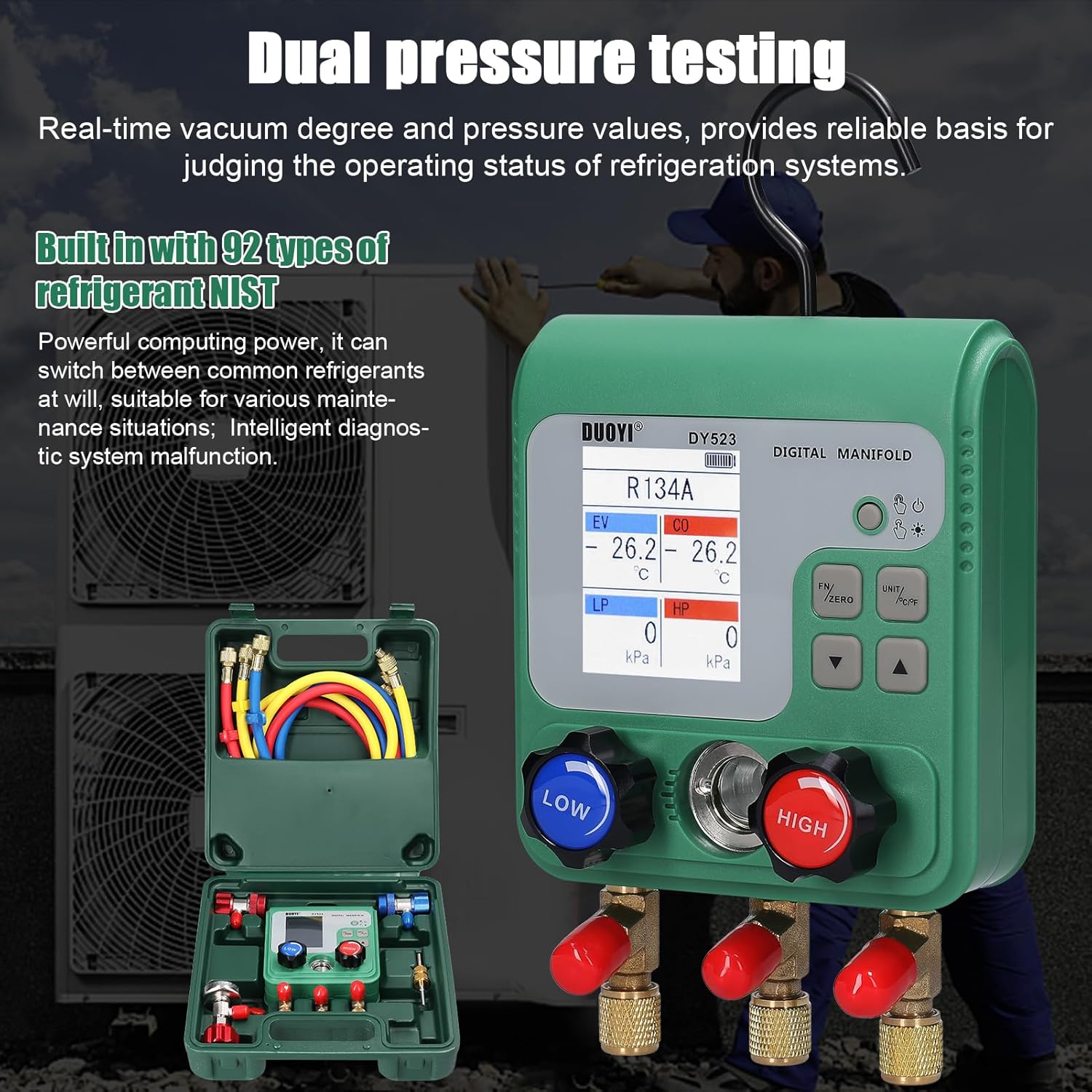 Camnoon digital manifold gauge displaying dual pressure readings with a technician working on an AC unit in the background