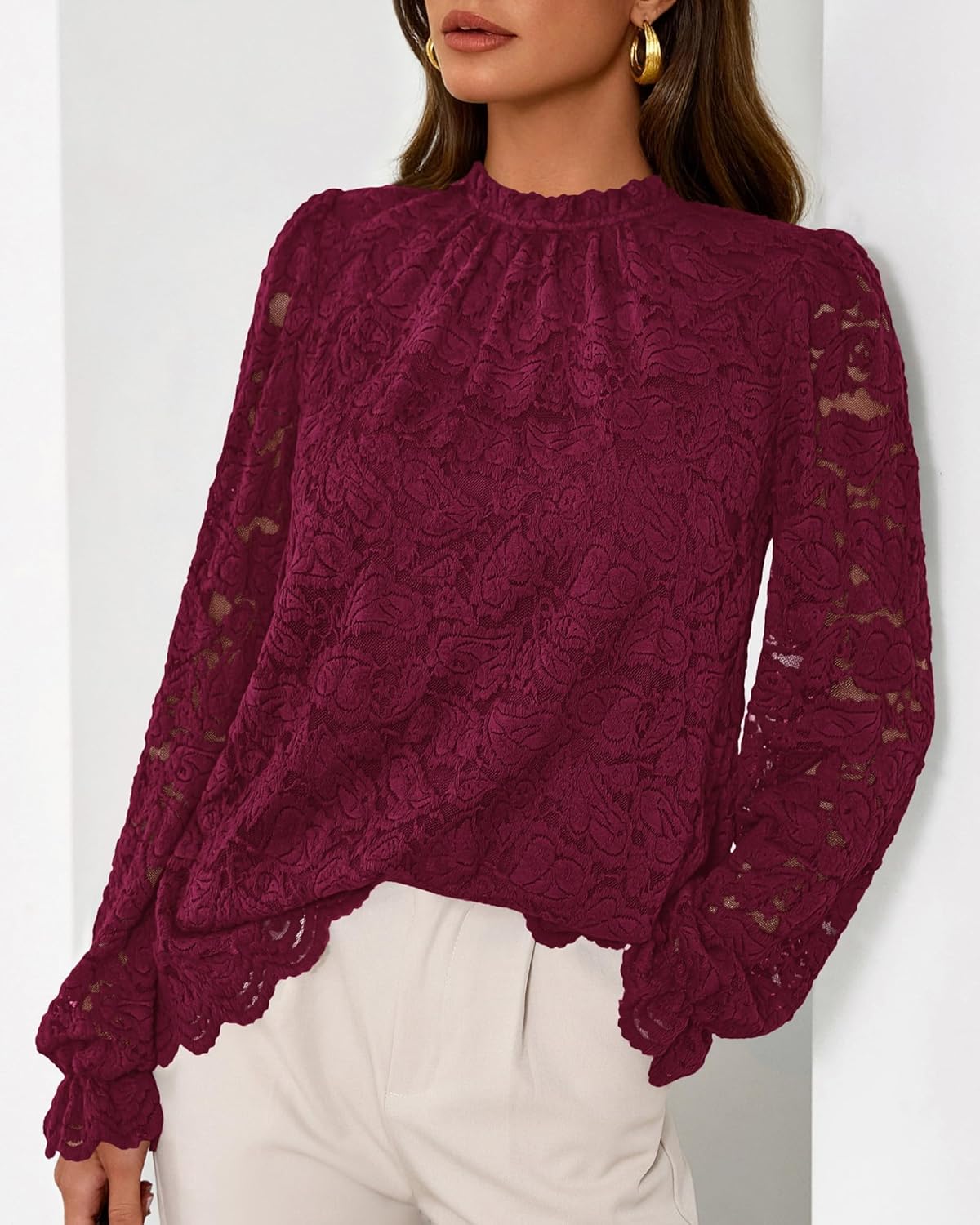 KIRUNDO Blouses for Women Dressy Casual Lace Long Sleeve Tops Mock Neck Ruffle Hem Shirts Fall Fashion Clothes - Image 8