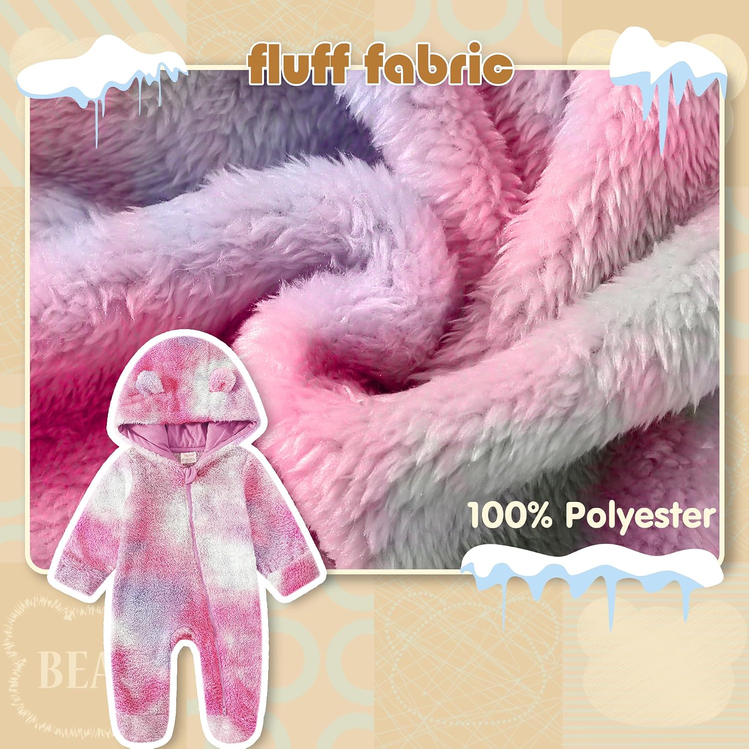 Jimonda Baby Tie Dye Snowsuit Winter Fleece Jumpsuit 0-18 Months, 100% Polyester Hooded Romper with Bear Ears for Infant