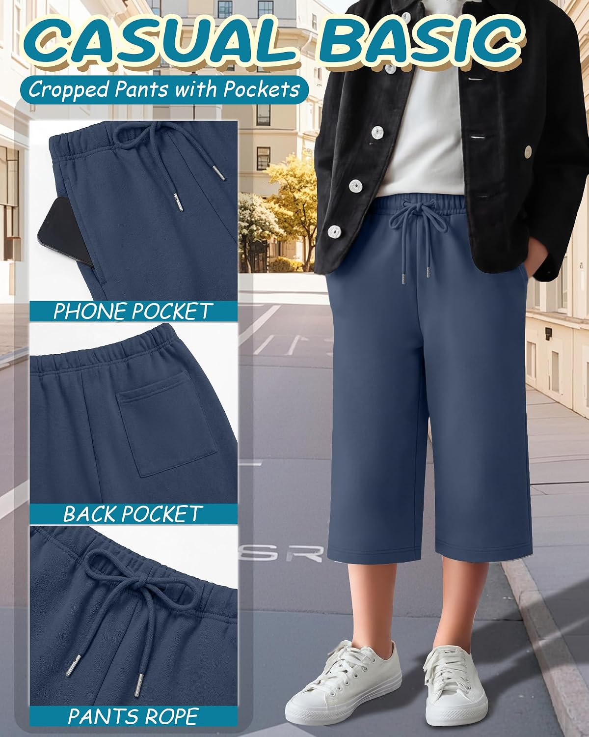 3 Pack Boys' Capri Pants Kids Wide Leg Loose Drawstring Capri Sweatpants Casual Basic Cropped Pants with Pockets