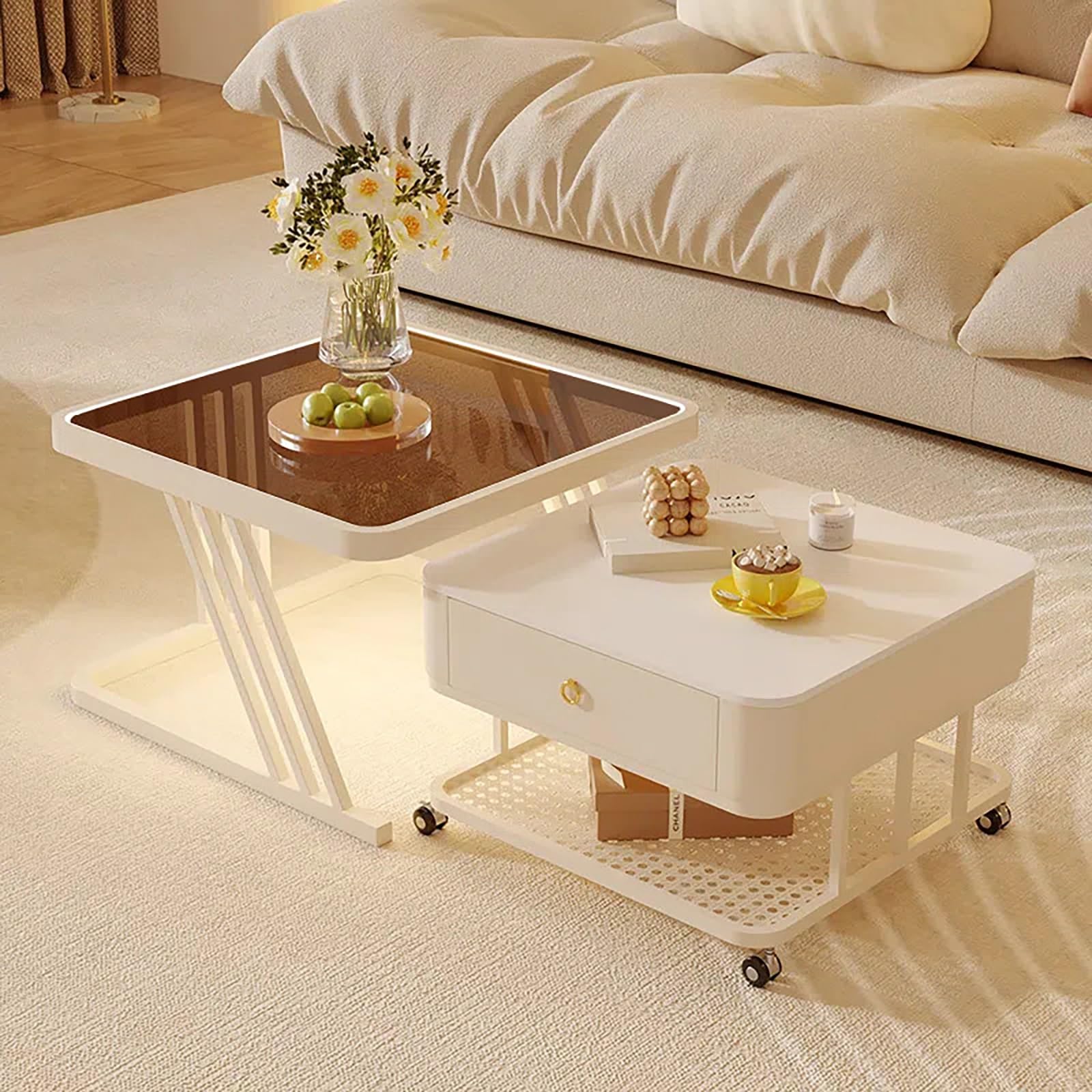 Table basse carrée gigogne mobile à tiroirs pour un rangement discret au salon