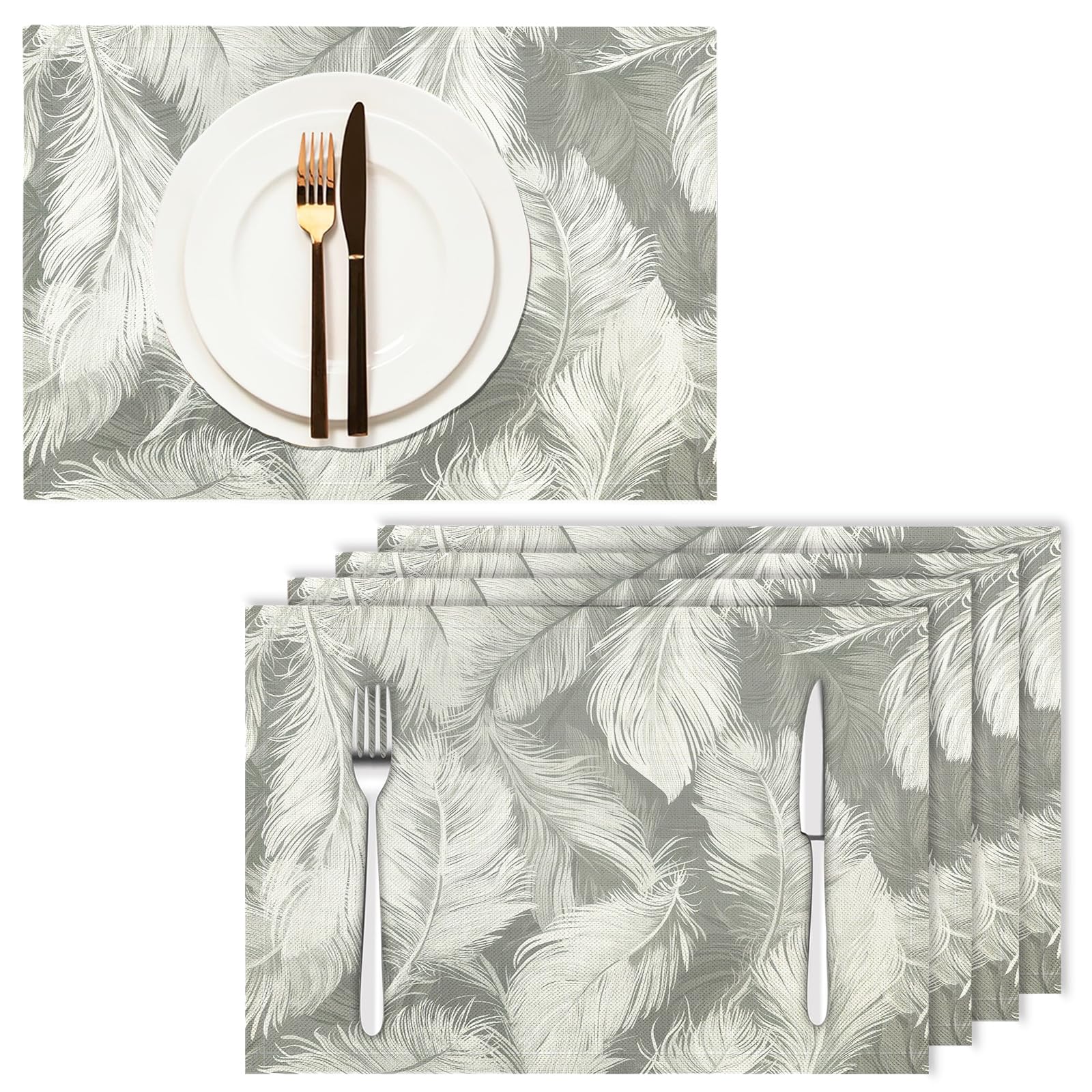 Tovaglietta Americana Sogno in Cotone Lino Rettangolare - Tovagliette Set di 8 Piume Bianche Resistente al Calore per La Cucina, Il L'Ufficio, 30 x 45cm
