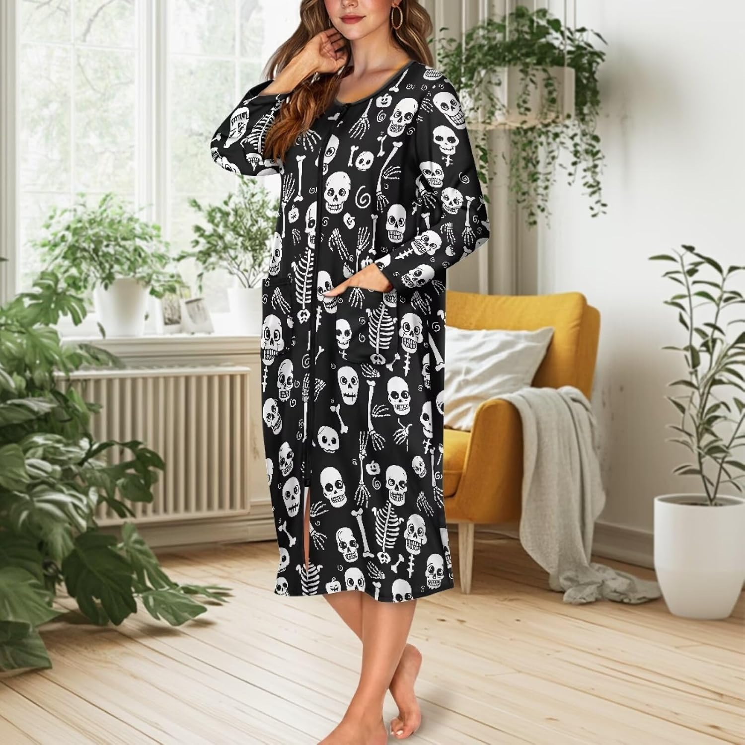 Nights Ladies Sleepwear Zip Up Oversized Nightgowns Crewneck Sleepshirts Lounger Dress Duster Robe with Pockets