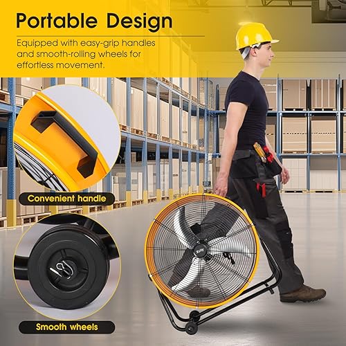 Miniatura 7 de Xcity Ventilador de tambor de metal de 24 pulgadas, ventilador de piso industrial de alta velocidad máximo de 8700 CFM con inclinación de 360° y 3