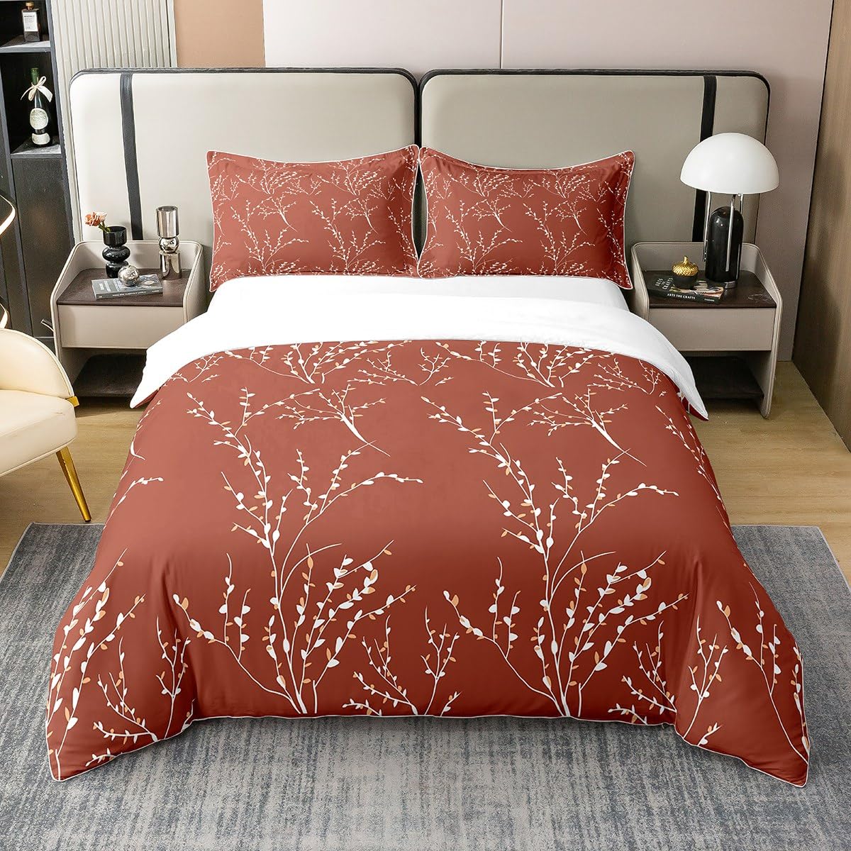 Terracotta Branches Bedding Duvet Cover 100% Cotton Set Reversible Flower Plum Blossom Bedding Set 100% Cotton Decor Leaf Comforter Cover Set Bedspread Cover Bedroom Bedclothes King