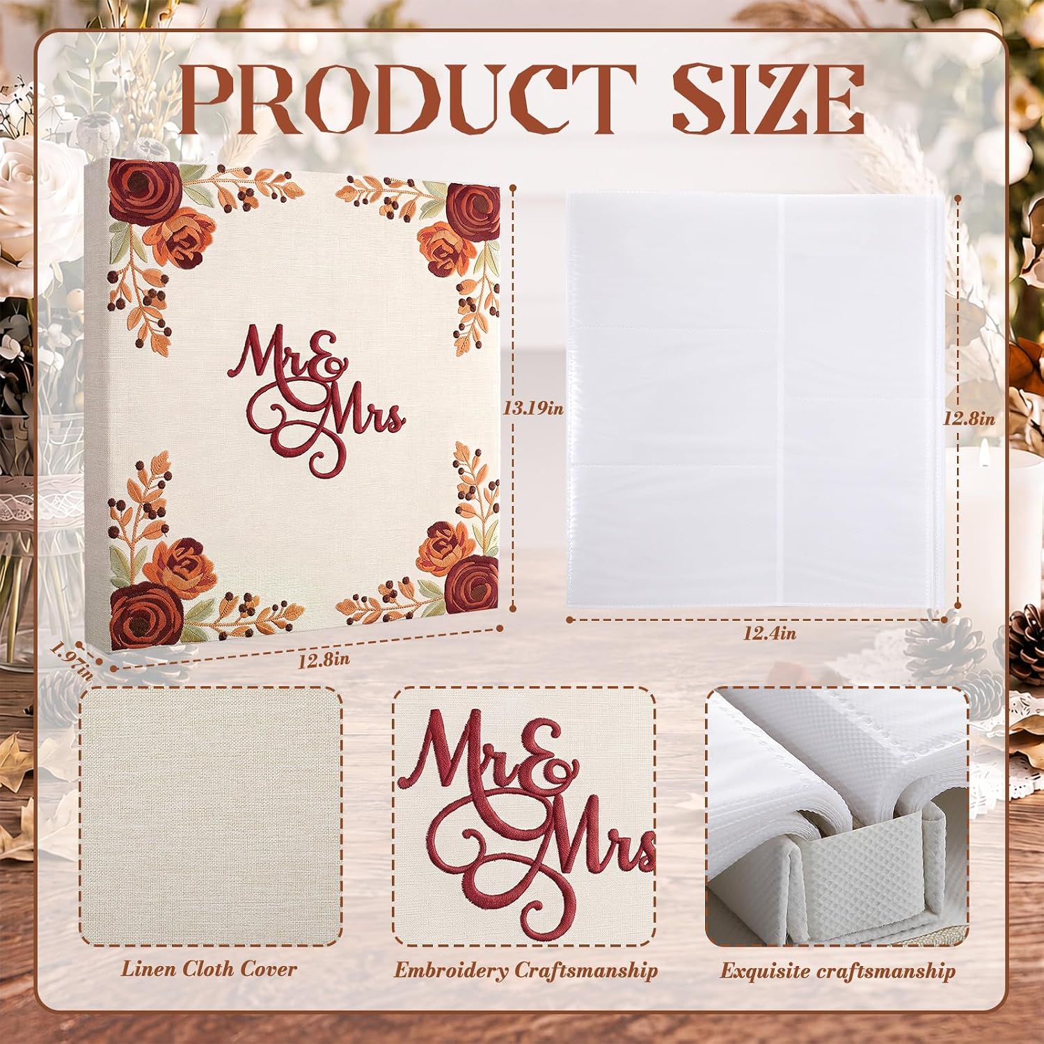 MotiMind Terracotta Flowers Fall Embroidered Linen Wedding Photo Album 4x6