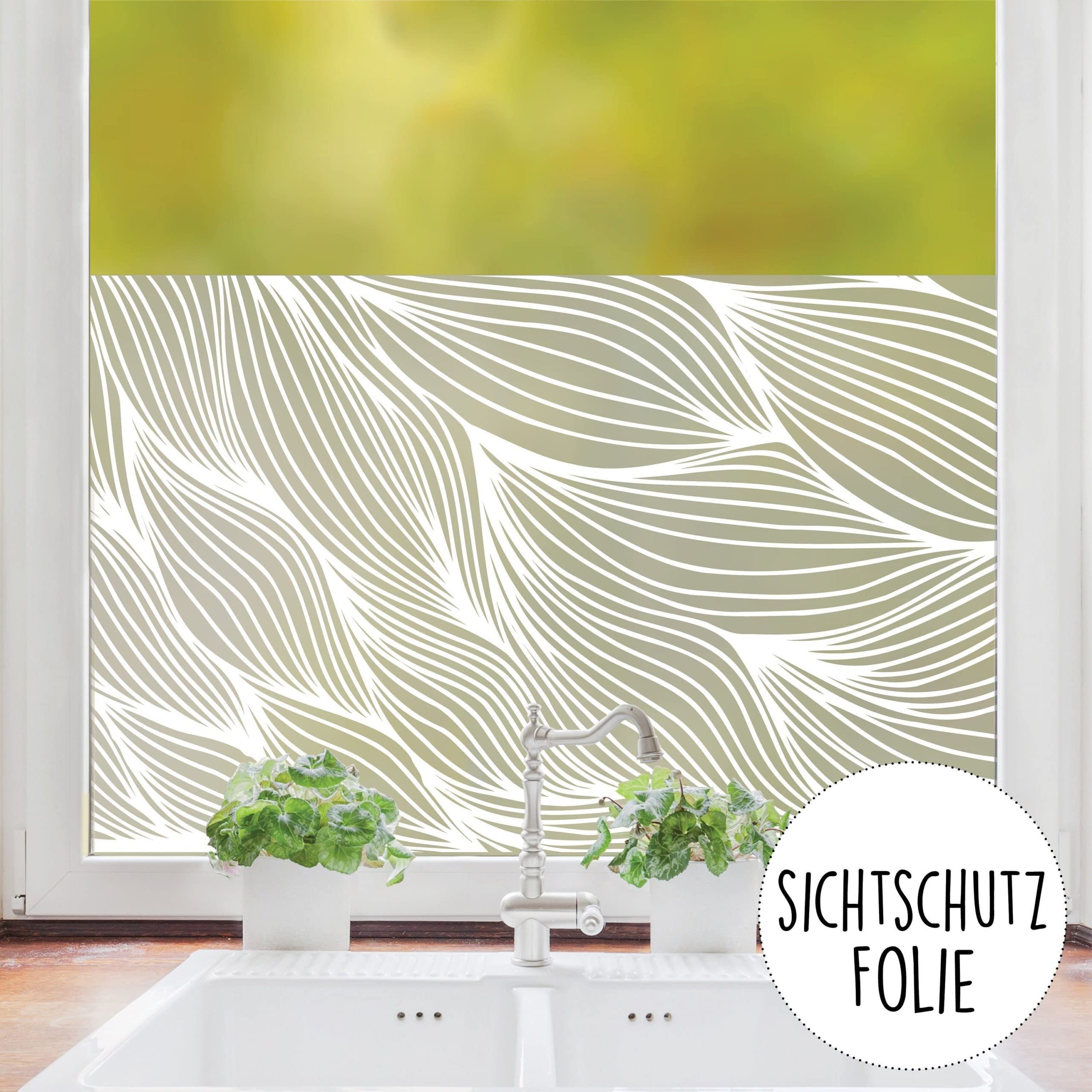 Sichtschutzfolie Fenster Küche Blätter Linien Fensterfolie Fensterdeko Milchglasfolie, 120 cm hoch, 90 cm breit