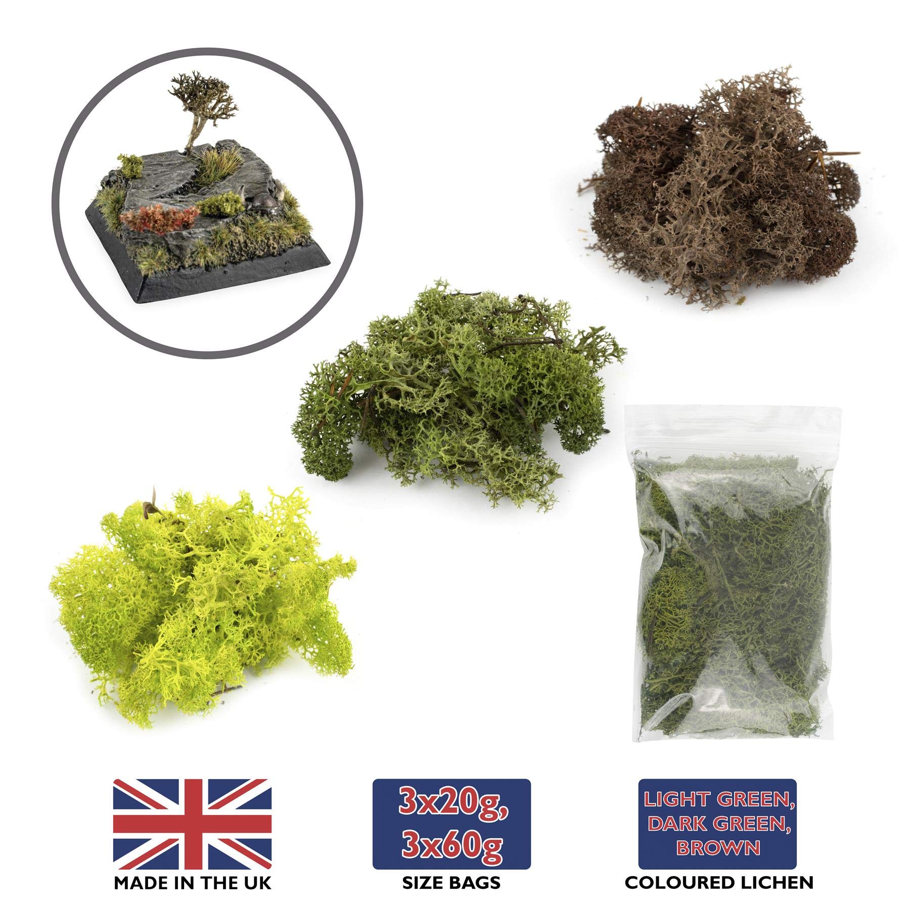 War World Scenics Multi Pack di Muschio Naturale per Fogliame Modellismo 3 x 60g (Verde Chiaro, Verde Scuro, Marrone) - Lichene Scenario Ferroviario Alberi Wargame Diorama Materiali