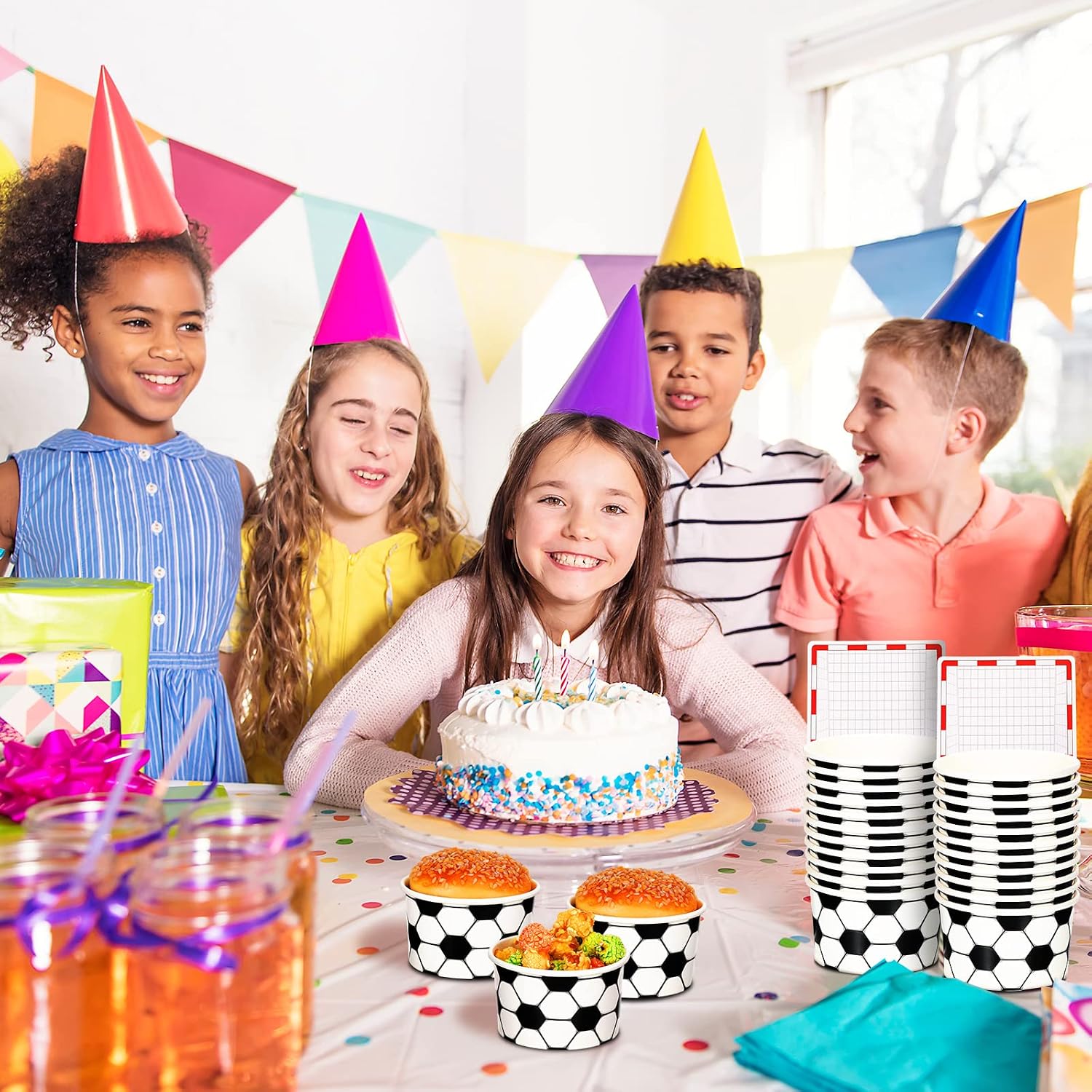 Sunnyray 24 Sets Soccer Hoop Snack Cups with Football Net Cards Disposable Paper 8 oz Ball Sports Party Favors Candy Cups Ball Treat Food Bowls for Soccer Birthday Party Decorations Supplies
