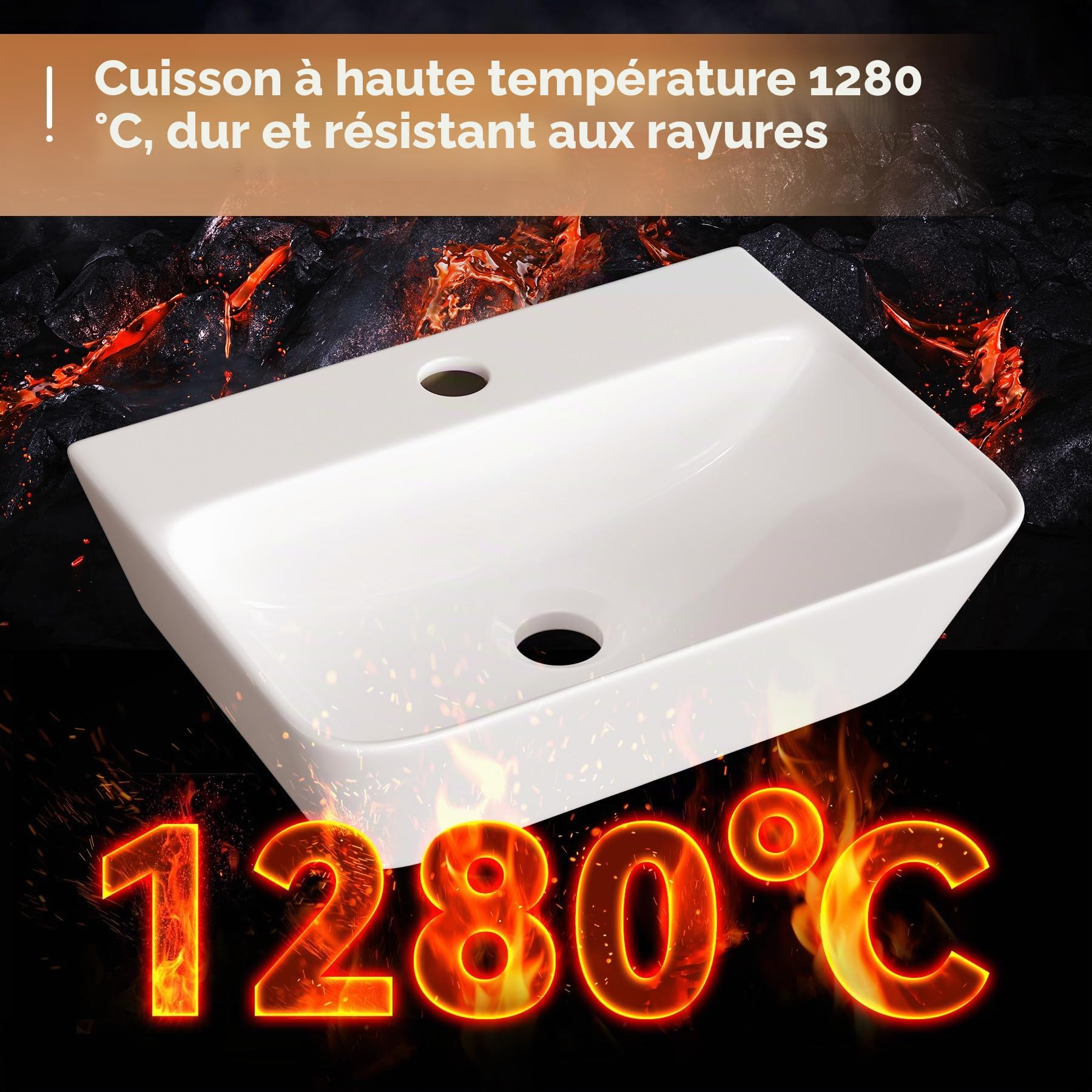 HOROW Lavabo de salle de bain carré 40 cm, moderne, blanc, sans trop-plein, avec trou pour robinet, petit lavabo suspendu, WC, pour invités