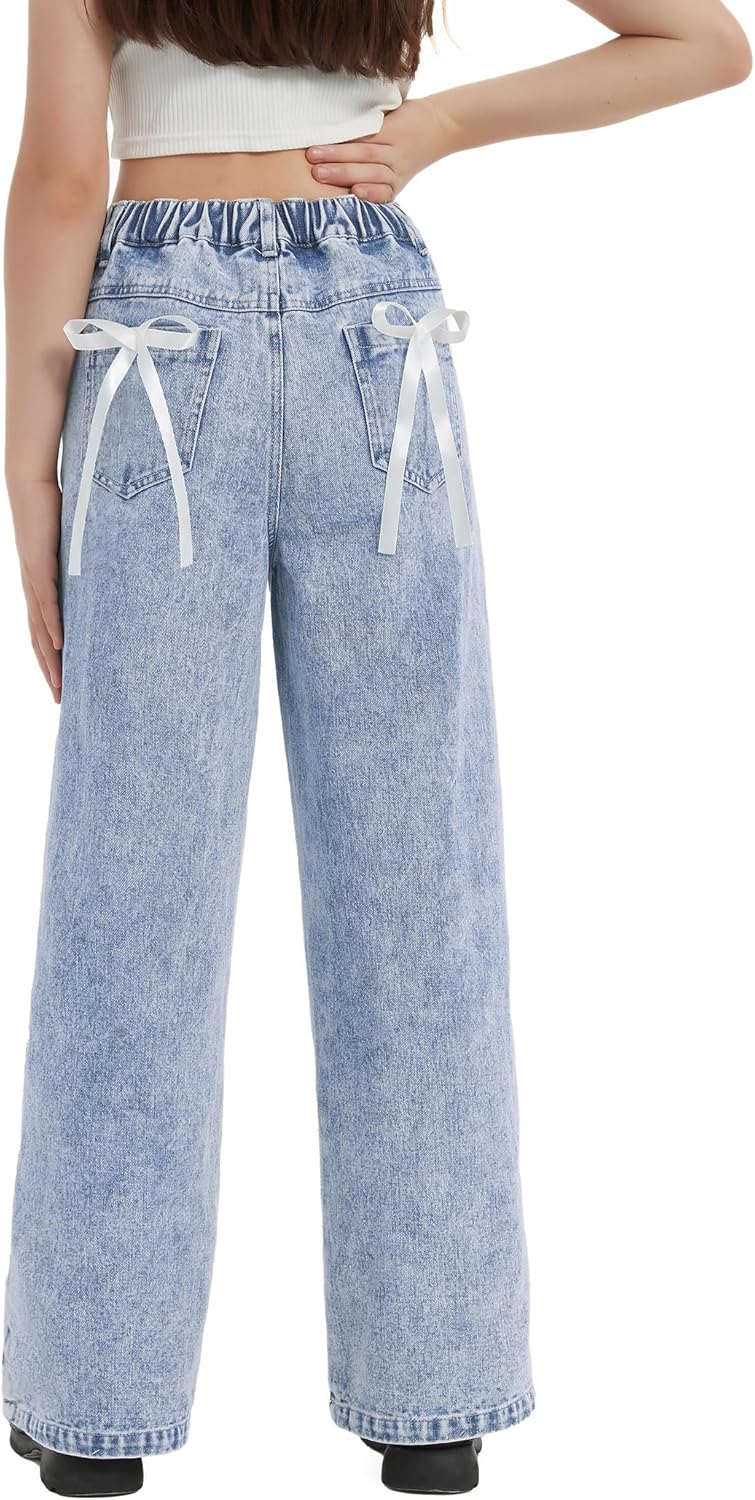 EXARUS Girls Wide Leg Jeans Striped/Bow Baggy Denim Pants Teen Elastic Waist Mid Rise Tween Y2K Streetwear 8-14Y