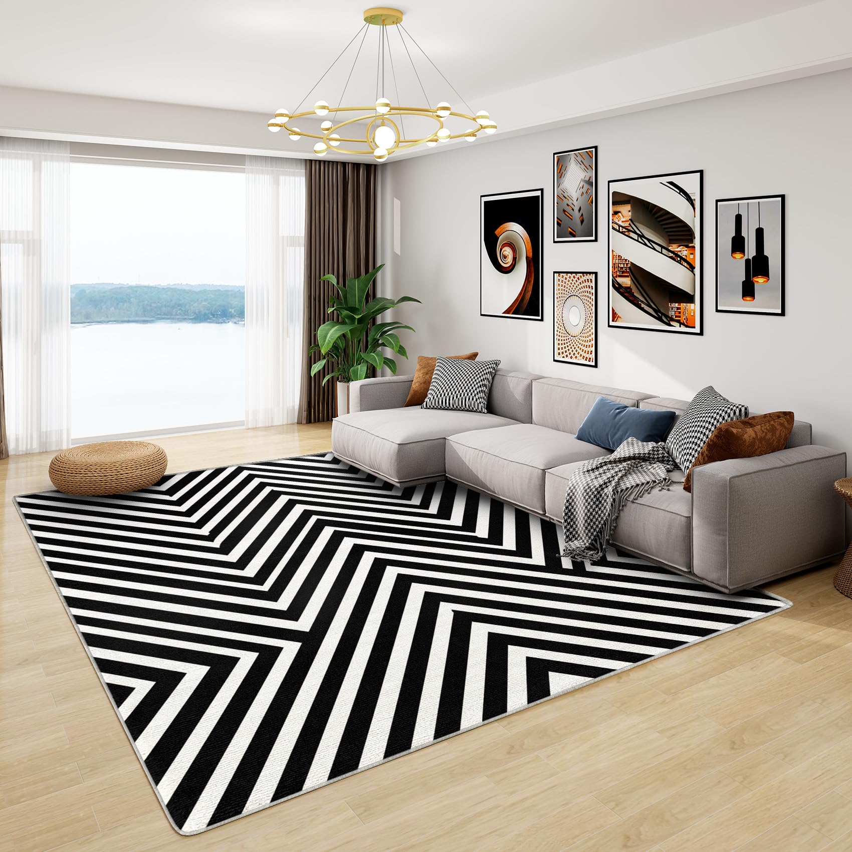 Teppich Schwarz Weiss Gestreift - Teppich Wohnzimmer Schlafzimmer Gestreifte, Kleiner Teppich Chevron, Weich Kurzflor & Waschbar & rutschfest Fussmatte Innen, Kinderteppich 80x150 cm