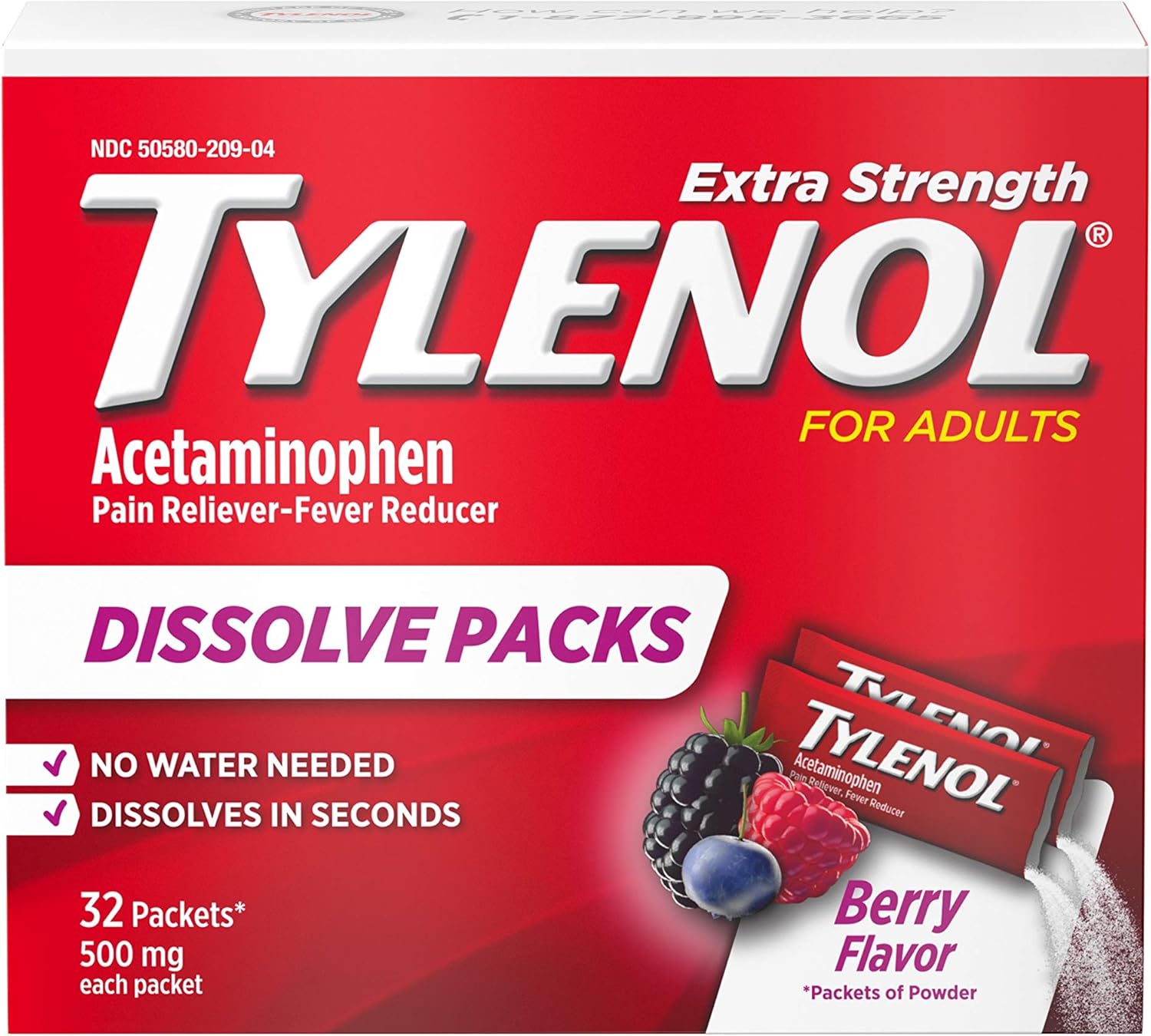 Tylenol Extra Strength Dissolve Packs with Acetaminophen for Pain & Fever, Berry, 32 ct : Health & Household