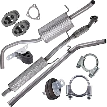BESTPRICE Exhaust Silencer Set 1 x Middle Silencer 1 x Rear Silencer 1 x Exhaust Pipe with Mounting Material