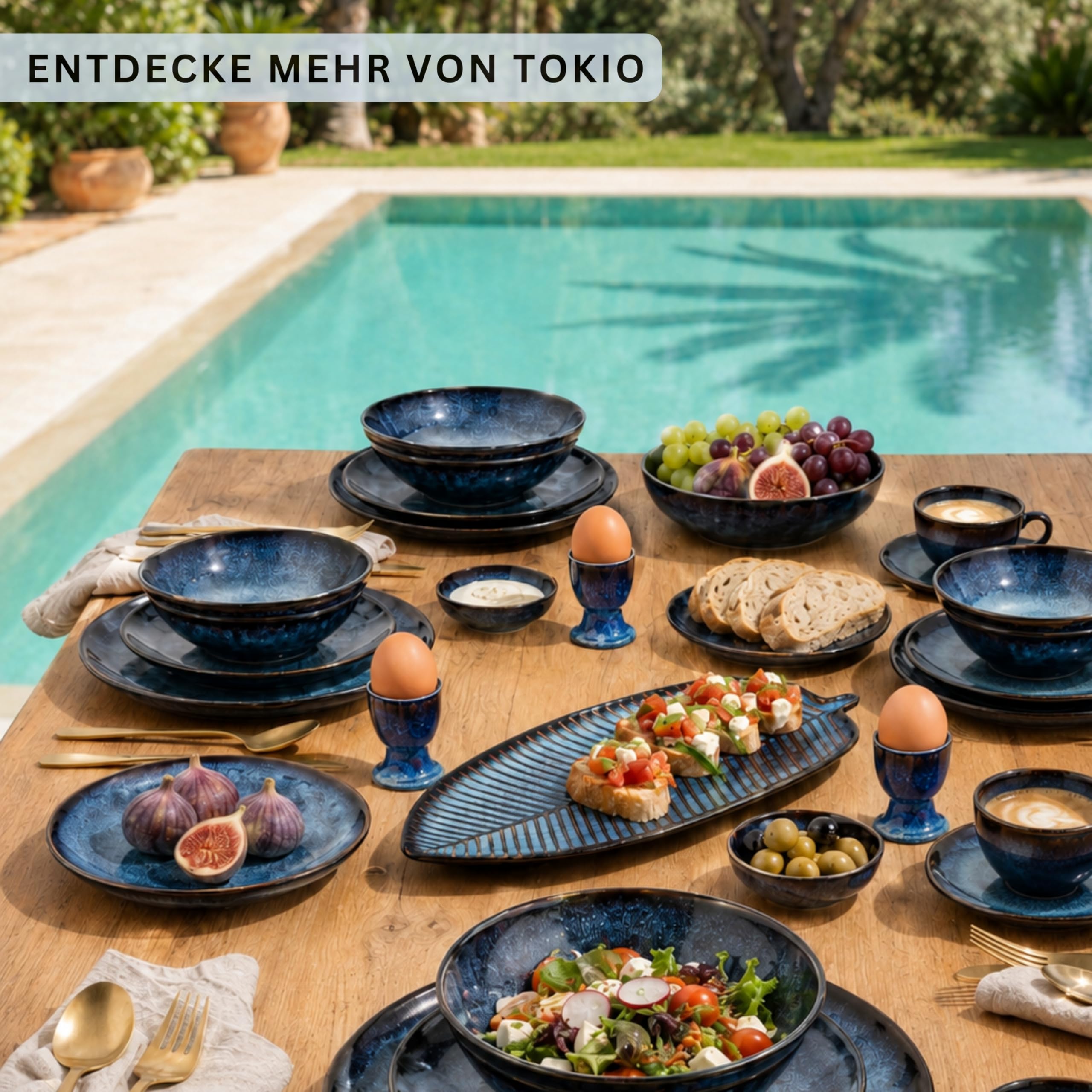 Sänger | Teller Set Tokio 12 tlg, Steingut Geschirrset 4 Personen, Tafelservice inkl. Speiseteller Kuchenteller & Schüssel Set, Speiseservice Dunkelblau mit Schwarzen Akzenten | PREMIUM COLLECTION