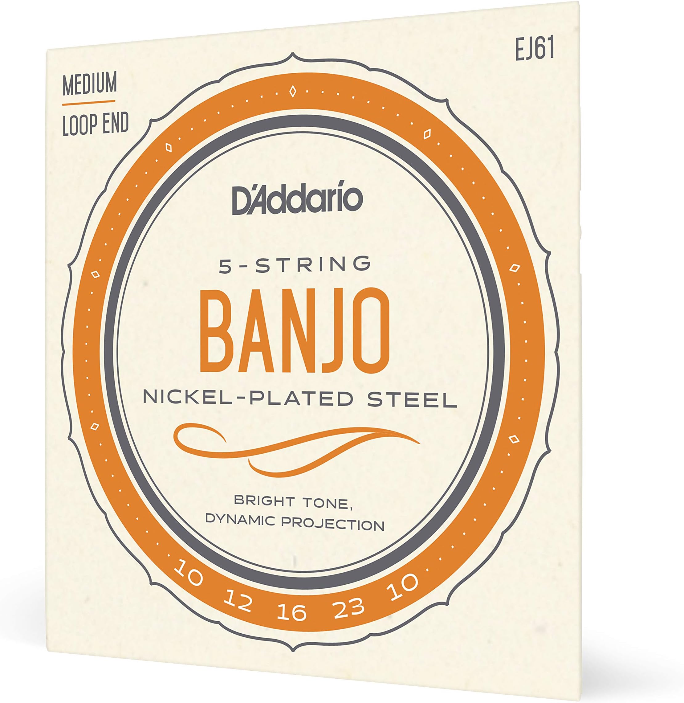 D'Addario Banjo Strings, Nickel-Plated Steel, EJ61, Medium Gauge 10-23, 5-String Set, Pack of 1