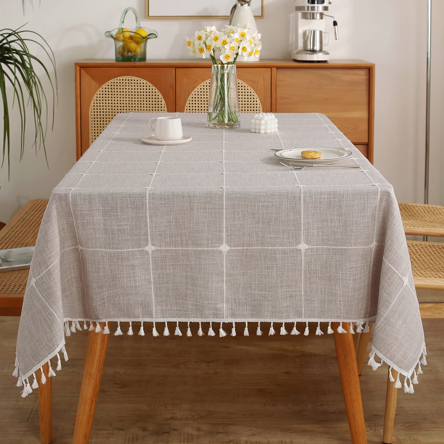 Laolitou Rustic Cotton Linen Table Cloth,Tablecloths for 6 Foot Rectangle Tables,Waterproof Washable Tablecloth with Tassel Rectangle/Oblong, 55''x 86'', 6-8 Seats