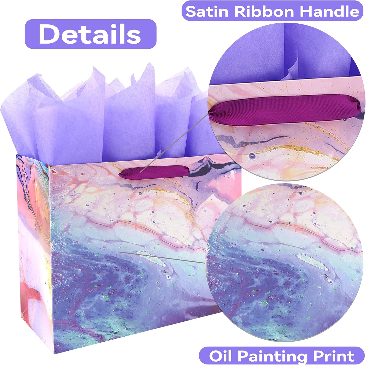 13" Large Purple and Red Gift Bag Set with Greeting Card and Tissue Paper(Marble Design) for Celebrating Birthdays, Mother's Day, Valentine's Day, Weddings, Anniversaries- 13”x5.2”x10.2”,1 Pcs