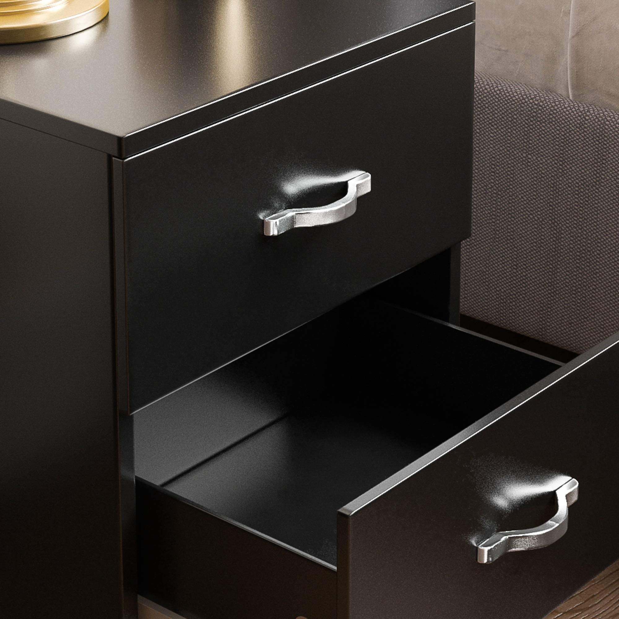 Vida Designs Black Bedside Drawer, Bedside 2 Drawer, Bedside Table, Metal Handles and